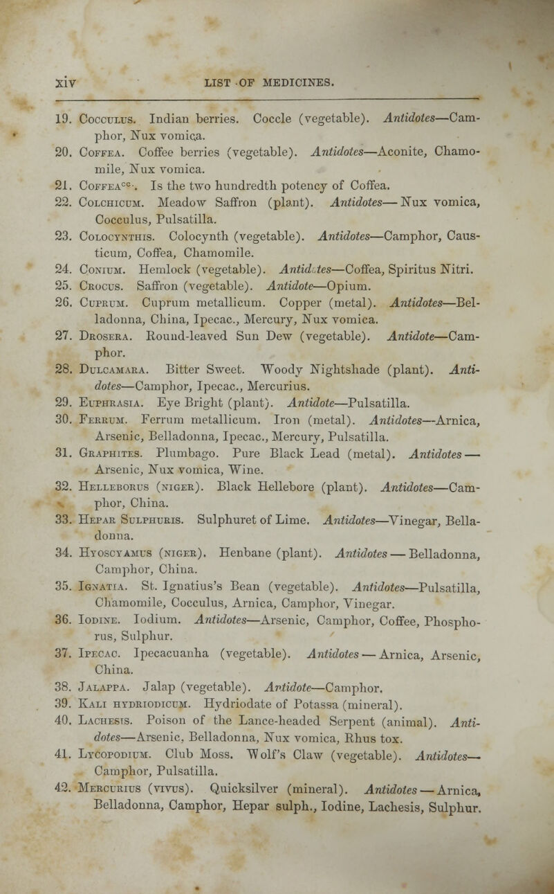 19. Cocculus. Indian berries. Coccle (vegetable). Antidotes—Cam- phor, Nux vomica. 20. Coffea. Coffee berries (vegetable). Antidotes—Aconite, Chamo- mile, Nux vomica. 21. Coffea00-. Is the two hundredth potency of Coffea. 22. Colchicum. Meadow Saffron (plant). Antidotes—Nux vomica, Cocculus, Pulsatilla. 23. Colocynthis. Colocynth (vegetable). Antidotes—Camphor, Caus- ticum, Coffea, Chamomile. 24. Conium. Hemlock (vegetable). Antidites—Coffea, Spiritus Nitri. 25. Crocus. Saffron (vegetable). Antidote—Opium. 26. Cuprum. Cuprum metallicum. Copper (metal). Antidotes—Bel- ladonna, China, Ipecac, Mercury, Nux vomica. 27. Drosera. Round-leaved Sun Dew (vegetable). Antidote—Cam- phor. 28. Dulcamara. Bitter Sweet. Woody Nightshade (plant). Anti- dotes—Camphor, Ipecac, Mercurius. 29. Euphrasia. Eye Bright (plant). Antidote—Pulsatilla. 30. Ferrum. Ferrum metallicum. Iron (metal). Antidotes—Arnica, Arsenic, Belladonna, Ipecac, Mercury, Pulsatilla. 31. Graphites. Plumbago. Pure Black Lead (metal). Antidotes — Arsenic, Nux vomica, Wine. 32. Helleborus (niger). Black Hellebore (plant). Antidotes—Cam- v phor, China. 33. Hepar Sulphuris. Sulphuret of Lime. Antidotes—Vinegar, Bella- donna. 34. Hyosctamus (niger). Henbane (plant). Antidotes — Belladonna, Camphor, China. 35. Ignatia. St. Ignatius's Bean (vegetable). Antidotes—Pulsatilla, Chamomile, Cocculus, Arnica, Camphor, Vinegar. 36. Iodine. Iodium. Antidotes—Arsenic, Camphor, Coffee, Phospho- rus, Sulphur. 37. Ipecac. Ipecacuanha (vegetable). Antidotes — Arnica, Arsenic, China. 38. Jalappa. Jalap (vegetable). Antidote—Camphor. 39. Kali hydriodicum. Hydriodate of Potassa (mineral). 40. Lachesis. Poison of the Lance-headed Serpent (animal). Anti- dotes—Arsenic, Belladonna, Nux vomica, Rhus tox. 41. Lycopodium. Club Moss. Wolf's Claw (vegetable). Antidotes— Camphor, Pulsatilla, 42. Mercurius (vivus). Quicksilver (mineral). Antidotes — Arnica, Belladonna, Camphor, Hepar sulph., Iodine, Lachesis, Sulphur.