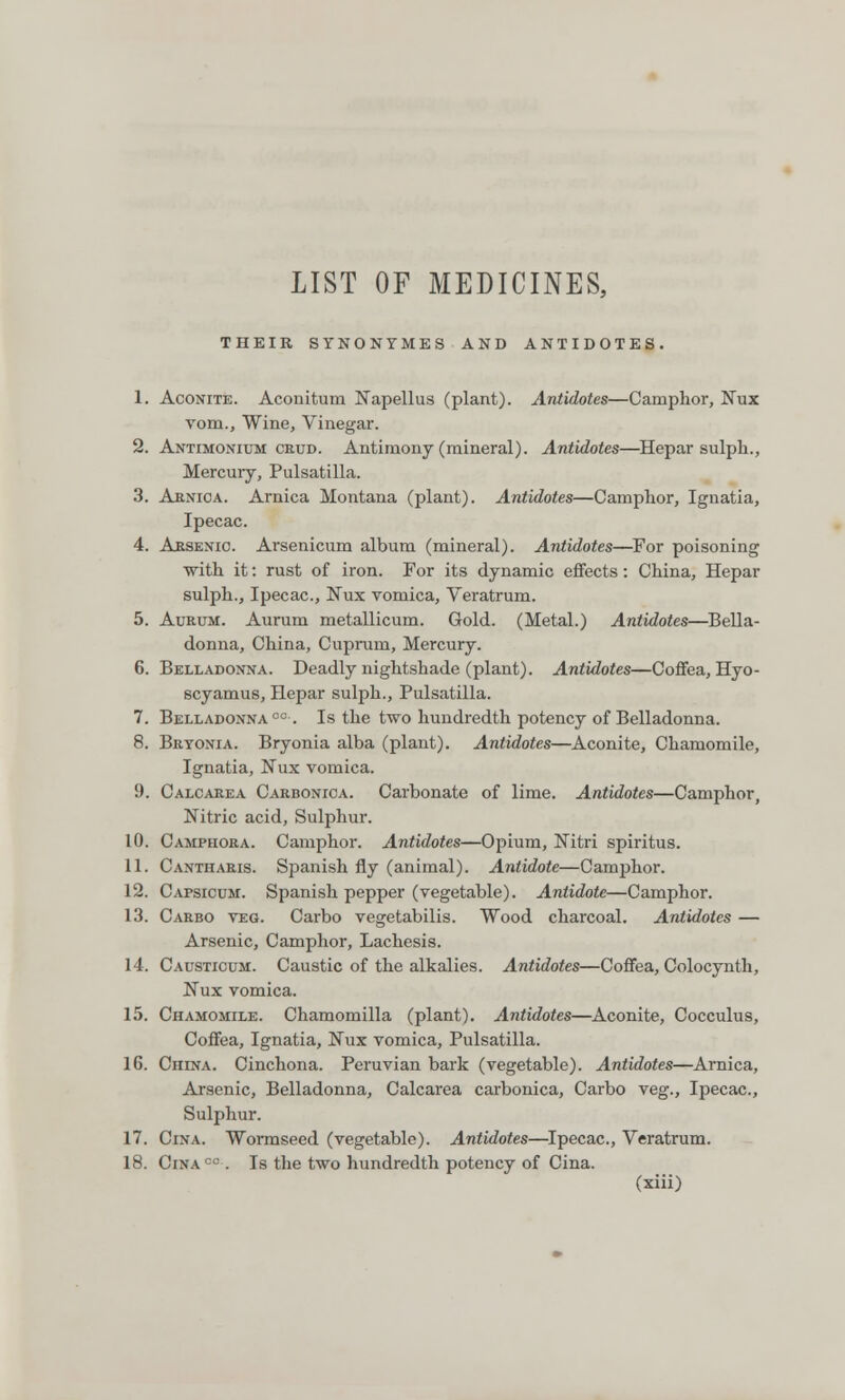 LIST OF MEDICINES, THEIR SYNONYMES AND ANTIDOTES. 1. Aconite. Aconituni Napellus (plant). Antidotes—Camphor, Nux vom., Wine, Vinegar. 2. Antimonium crud. Antimony (mineral). Antidotes—Hepar sulph., Mercury, Pulsatilla. 3. Arnica. Arnica Montana (plant). Antidotes—Camphor, Ignatia, Ipecac. 4. Arsenic. Arsenicum album (mineral). Antidotes—For poisoning with it: rust of iron. For its dynamic effects: China, Hepar sulph., Ipecac, Mux vomica, Veratrum. 5. Aurum. Aurum metallicum. Gold. (Metal.) Antidotes—Bella- donna, China, Cuprum, Mercury. 6. Belladonna. Deadly nightshade (plant). Antidotes—Coffea, Hyo- scyamus, Hepar sulph., Pulsatilla. 7. Belladonnacc. Is the two hundredth potency of Belladonna. 8. Bryonia. Bryonia alba (plant). Antidotes—Aconite, Chamomile, Ignatia, Nux vomica. 9. Calcarea Carbonica. Carbonate of lime. Antidotes—Camphor, Nitric acid, Sulphur. 10. Camphora. Camphor. Antidotes—Opium, Nitri spiritus. 11. Cantharis. Spanish fly (animal). Antidote—Camphor. 12. Capsicum. Spanish pepper (vegetable). Antidote—Camphor. 13. Carbo veg. Carbo vegetabilis. Wood charcoal. Antidotes — Arsenic, Camphor, Lachesis. 14. Causticum. Caustic of the alkalies. Antidotes—Coffea, Colocynth, Nux vomica. 15. Chamomile. Chamomilla (plant). Antidotes—Aconite, Cocculus, Coffea, Ignatia, Mux vomica, Pulsatilla. 16. CniNA. Cinchona. Peruvian bark (vegetable). Antidotes—Arnica, Arsenic, Belladonna, Calcarea carbonica, Carbo veg., Ipecac, Sulphur. 17. Cina. Wormseed (vegetable). Antidotes—Ipecac, Veratrum. 18. Cinacc . Is the two hundredth potency of Cina. (xiii)