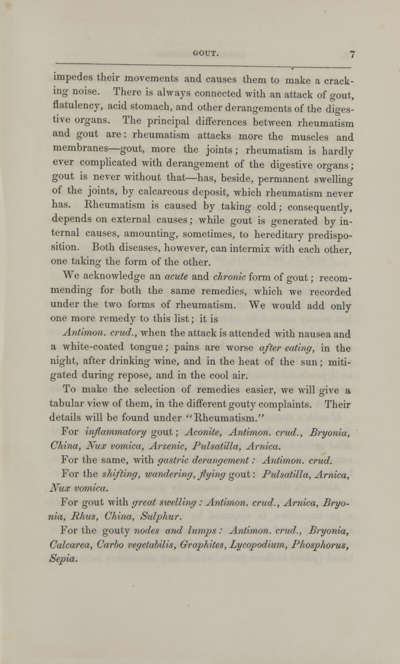 GOUT. impedes their movements and causes them to make a crack- ing noise. There is always connected with an attack of gout, flatulency, acid stomach, and other derangements of the diges- tive organs. The principal differences between rheumatism and gout are: rheumatism attacks more the muscles and membranes—gout, more the joints; rheumatism is hardly ever complicated with derangement of the digestive organs; gout is never without that—has, beside, permanent swelling of the joints, by calcareous deposit, which rheumatism never has. Rheumatism is caused by taking cold; consequently, depends on external causes; while gout is generated by in- ternal causes, amounting, sometimes, to hereditary predispo- sition. Both diseases, however, can intermix with each other, one taking the form of the other. We acknowledge an acute and chronic form of gout; recom- mending for both the same remedies, which we recorded under the two forms of rheumatism. We would add only one more remedy to this list; it is Antimon. crud., when the attack is attended with nausea and a white-coated tongue; pains are worse after eating, in the night, after drinking wine, and in the heat of the sun; miti- gated during repose, and in the cool air. To make the selection of remedies easier, we will give a tabular view of them, in the different gouty complaints. Their details will be found under Rheumatism. For inflammatory gout; Aconite, Antimon. crud., Bryonia, China, Nux vomica, Arsenic, Pulsatilla, Arnica. For the same, with gastric derangement: Antimon. crud. For the shifting, wandering, flying gout: Pulsatilla, Arnica, Nux vomica. For gout with great swelling: Antimon. crud., Arnica, Bryo- nia, Rhus, China, Sulphur. For the gouty nodes and lumps: Antimon. crud., Bryonia, Calcarea, Carlo vegetabilis, Graphites, Lycopodium, Phosphorus, Sepia.