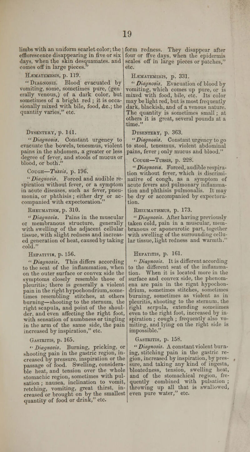 limbs with an uniform scarlet color; the efflorescence disappearing in five or six days, when the skin desquamates, and comes off in large pieces. H^EMATEMESIS, p. 119.  Diagnosis. Blood evacuated by vomiting, some, sometimes pure, (gen erally venous,) of a dark color, but sometimes of a bright red ; it is occa- sionally mixed with bile, food, &c; the quantity varies, etc. DVSENTERY, p. 141. Diagnosis. Constant urgency to evacuate the bowels, tenesmus, violent pains in the abdomen, a greater or less degree of fever, and stools of mucus or blood, or both. Cough—Tussis, p. 196.  Diagnosis. Forced and audible re- spiration without fever, or a symptom in acute diseases, such as fever, pneu- monia, or phthisis; either dry or ac- companied with expectoration. Rheumatism, p. 310.  Diagnosis. Pains in the muscular or membranous structure, generally with swelling of the adjacent cellular tissue, with slight redness and increas- ed generation of heat, caused by taking cold. Hepatitis, p. 156.  Diagnosis. This differs according to the seat of the inflammation, when on the outer surface or convex side the symptoms closely resemble those of pleuritis; there is generally a violent pain in the right hypochondrium, some- times resembling stitches, at others burning—shooting to the sternum, the right scapula, and point of the shoul- der, and even affecting the right foot, witli sensation of numbness or tingling in the arm of the same side, the pain increased by inspiration, etc. Gasteitis, p. 165. Diagnosis. Burning, pricking, or shooting pain in the gastric region, in- creased by pressure, inspiration or the passage of food. Swelling, considera- ble heat, and tension over the whole stomachic region, sometimes with pul- sation ; nausea, inclination to vomit, retching, vomiting, great thirst, in- creased or brought on by the smallest quantity of food or drink, etc. form redness. They disappear after four or ffve days, when the epidermis scales off in large pieces or patches, etc. ILematemesis, p. 331. *' Diagnosis. Evacuation of blood by vomiting, which comes up pure, or is mixed with food, bile, etc. Its color may be light red, but is most frequently dark, blackish, and of a venous nature. The quantity is sometimes small; at others it is great, several pounds at a time. Dysentery, p. 363. Diagnosis. Constant urgency to go to stool, tenesmus, violent abdominal pains, fever ; only mucus and blood. Cough—Tussis, p. 228.  Diagnosis. Forced, audible respira- tion without fever, which is discrimi- native of congh, as a symptom of acute fevers and pulmonary inflamma- tion and phthisis pulmonalis. It may be dry or accompanied by expectora- tion. Rheumatismus, p. 173.  Diagnosis. After having previously taken cold, pain in a muscular, mem- branous or aponeurotic part, together with swelling of the surrounding cellu- lar tissue, light redness and warmth. Hepatitis, p. 161.  Diagnosis. It is different according to the different seat of the inflamma- tion. When it is located more in the surface and convex side, the phenom- ena are pain in the rignt hypochon- drium, sometimes stitches, sometimes burning, sometimes as violent as in pleuritis, shooting to the sternum, the righl scrpula, extending someiimes even to the right foot, increased by in- spiration ; cough ; frequently also vo- miting, and lying on the right side is impossible. Gastritis, p. 158.  Diagnosis. A constant violent burn- ing, stitching pain in the gastric re- gion, increased by inspiration, by pres- sure, and taking any kind of ingesta, bloatedness, tension, swelling heat, and of the stomachical region, fre- quently combined with pulsation ; tbrowing up all that is swallowed, even pure water, etc