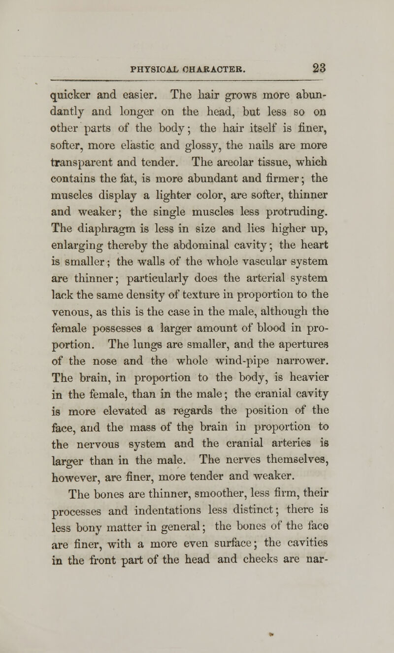 quicker and easier. The hair grows more abun- dantly and longer on the head, but less so on other parts of the body; the hair itself is finer, softer, more elastic and glossy, the nails are more transparent and tender. The areolar tissue, which contains the fat, is more abundant and firmer; the muscles display a lighter color, are softer, thinner and weaker; the single muscles less protruding. The diaphragm is less in size and lies higher up, enlarging thereby the abdominal cavity; the heart is smaller; the walls of the whole vascular system are thinner; particularly does the arterial system lack the same density of texture in proportion to the venous, as this is the case in the male, although the female possesses a larger amount of blood in pro- portion. The lungs are smaller, and the apertures of the nose and the whole wind-pipe narrower. The brain, in proportion to the body, is heavier in the female, than in the male; the cranial cavity is more elevated as regards the position of the face, and the mass of the brain in proportion to the nervous system and the cranial arteries is larger than in the male. The nerves themselves, however, are finer, more tender and weaker. The bones are thinner, smoother, less firm, their processes and indentations less distinct; there is less bony matter in general; the bones of the face are finer, with a more even surface; the cavities in the front part of the head and cheeks are nar-