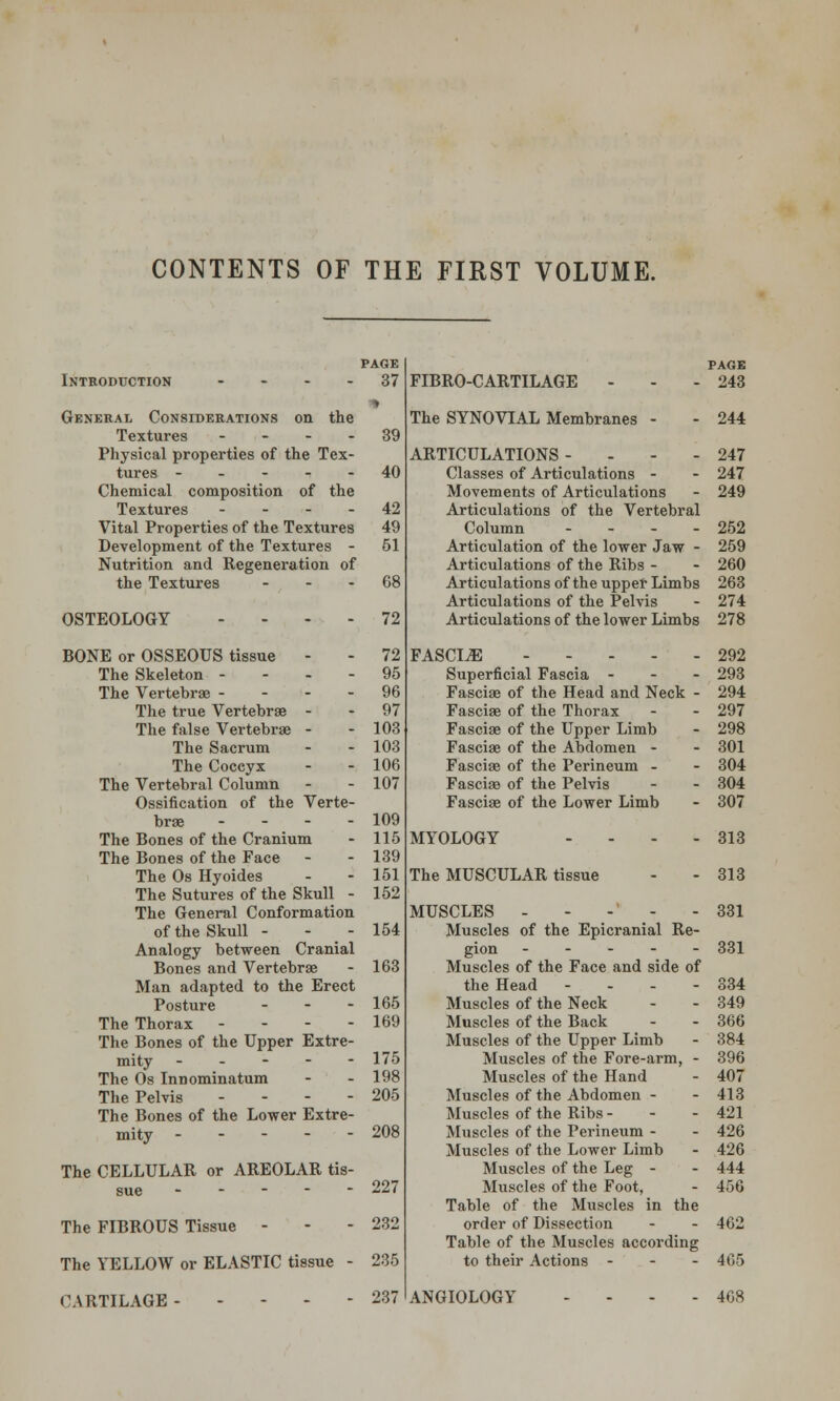 CONTENTS OF THE FIRST VOLUME. Introduction .... General Considerations on the Textures .... Physical properties of the Tex- tures - . - - - Chemical composition of the Textures - Vital Properties of the Textures Development of the Textures - Nutrition and Regeneration of the Textures ... OSTEOLOGY .... BONE or OSSEOUS tissue - The Skeleton - The Vertebrae - The true Vertebrae - The false Vertebrae - The Sacrum The Coccyx The Vertebral Column Ossification of the Verte- brae - The Bones of the Cranium The Bones of the Face The Os Hyoides The Sutures of the Skull - The General Conformation of the Skull - Analogy between Cranial Bones and Vertebrae Man adapted to the Erect Posture - The Thorax - The Bones of the Upper Extre- mity - The Os Innominatum The Pelvis ... - The Bones of the Lower Extre- mity The CELLULAR or AREOLAR tis- sue --.-■-- The FIBROUS Tissue - The YELLOW or ELASTIC tissue - CARTILAGE- - PAGE 37 39 40 42 49 61 68 72 72 95 96 97 103 103 106 107 109 115 139 151 152 154 163 165 169 175 198 205 208 227 232 235 FIBRO-CARTILAGE - The SYNOVIAL Membranes - PAGE 243 - 244 ARTICULATIONS - Classes of Articulations - Movements of Articulations Articulations of the Vertebral Column .... Articulation of the lower Jaw - Articulations of the Ribs - Articulations of the upper Limbs Articulations of the Pelvis Articulations of the lower Limbs FASCLE Superficial Fascia -.-'.- Fasciae of the Head and Neck - Fasciae of the Thorax Fasciae of the Upper Limb Fasciae of the Abdomen - Fasciae of the Perineum - Fasciae of the Pelvis Fasciae of the Lower Limb MYOLOGY The MUSCULAR tissue 247 247 249 252 259 260 263 274 278 292 293 294 297 298 301 304 304 307 313 - 313 MUSCLES 331 Muscles of the Epicranial Re- gion ----- 331 Muscles of the Face and side of the Head - 334 Muscles of the Neck - - 349 Muscles of the Back - - 366 Muscles of the Upper Limb - 384 Muscles of the Fore-arm, - 396 Muscles of the Hand - 407 Muscles of the Abdomen - - 413 Muscles of the Ribs - - - 421 Muscles of the Perineum - - 426 Muscles of the Lower Limb - 426 Muscles of the Leg - - 444 Muscles of the Foot, - 456 Table of the Muscles in the order of Dissection - - 462 Table of the Muscles according to their Actions - 465 - 468 237 ANGIOLOGY