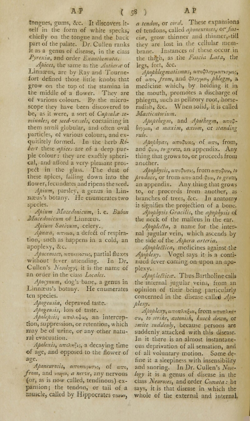 ( ;s ) tongues, gums, &c. It discovers it- a tendon, or cord. These expansions self in the form of white specks, of tendons, called aponeuroses,orjas- chiefly on the tongue and the back; cur, grow thinner and thinner,-till part of the palate. Dr. Cullen ranks they are lost in the cellular mem- it as a genus of disease, in the class brane. Instances of these occur in Pyrexia, and order Exanthemata. the thigh, as the fascia Lata, the Apices, the same as the Antheraoi legs, feet, &c. Linna?us, are by Ray and Tourne- Apophlegmatismus, sMTofPtey/wamoyAoft fort defined those little knobs that of «*o, from, and $Xty•/*«, phlegm, a grow on the top ot the stamina in medicine which, by holding it in the middle of a flower. They are the mouth, promotes a discharge of of various colours. By the micro- phlegm, eucb as peilitory root, horse- scope they have been discovered to radish, &c. When solid, it is called be, as it were, a sort of Capsular se- Masticatorium. minales, or seed-vessels, containing in Apopthegm, and Ajiothegm, »roJ< them small globular, and often oval Gsy/xa, a maxim, axiom, or standing particles, of various colours, and ex- rule. quisitely formed. In the herb Ro- Apophyas^ cnroZvz;, of cam, from, bert these apices are of a deep pur- and $»», to grow, an appendix. Any pie colour: they are exaftly spheri- thing that grows to, or proceeds from caf, and afford a very pleasant pros- another. peel in the glass. The dust of Apophysis, wro^t/o-if, from«*-<$iw, to these apices, falling down into the produce, or from owroand <$vu, togroy^ flower, fecundate* andripens the seed, an appendix. Any thing that grows Apiium, parsley, a genus in Lin- to, or proceeds from another, as nseus's botany. He enumerates two branches of trees, &c. In anatomy species. Apiium Macedonicum, i. e. Bubon JWacedouicum of Linnaeus. Apium Sativum, celery. Apncea, awvam, a defect of respira- tion, such as happens in a cold, an apoplexy, &c. Apocenoses, r/.-otv.ortic, partial fluxes without fever attending. In Dr. Cullen's Nosology, it is the name of an oraer in the class Locales. it signifies the projection of a bone. Apophysis Gracilis, the apoprfiysis of the neck of the malleus in the ear. Ajiopilctla, a name for the inter- nal jugular vein, which ascends by the side of the Aspera arteria. Apopleclica, medicines against the Apoplexy. Vogel says it ib a conti- nued lever coming on upon an apo- plexy. Apoplectics. Thus Bartholine calls Apocynum, dog's bane,, a genus in the internal jugular veins, from an Linnceus's botany. He enumerates ten species. Ajiogeusia, depraved taste. Apogeusis, loss ot taste. Apole/isis, uTo\r,-\.kc, an intercep- tion, suppression, or retention, which may be of urine, or any other natu- ral evacuation. opinion of then- being particularly concerned in the disease called A//o- Jilexy. Apoplexy, a-cz\Y,*M, from atnHrXnef* <7x>, to strike, astonish, knock doivn, or smite suddenly, because persons are suddenly attacked with this disease. In it there is an almost instantane- Apclexis, ecwoXf^ic, a decaying time ous deprivation of all sensation, and of age, and opposed to the flower of of all voluntary motion. Some de- Ajioncurosis, owoWi/pBcr*?, of airo, from, and vei^ot, a nerve, any nervous (or, as is now called, tendinous) ex- pansion; the tendon, or tail of a muscle, called by Hippocrates tbwv, fine it a sleepiness with insensibility and snoring. In Dr. Cullen's Noso- logy it is a genus of disease in the class Neuroses, and order Comata: ha says, it is that disease in which the whole of the external and internal.