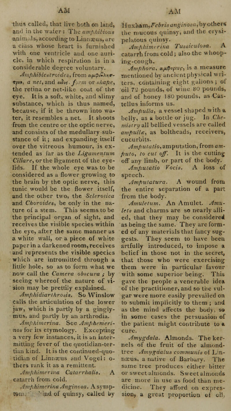 thus called, that live both on land] and in the water : The amphibious anirn.Js, according to Linnaeus, are a class whose heart is furnished with one ventricle and one auri- cle, in which respiration is in a considerable degree voluntary. Amphiblestroidcs, from v.i*.<p&Xr,r- rpat, a net, and a&w'.fomn or shape, the retina or net-like coat of the eye. It is a soft, white, and slimy substance, which is thus named, because, if it be thrown into wa- ter, it resembles a net. It shoots from the centre or the optic nerve, and consists of the medullary sub- stance of it; and expanding itself over the vitreous humour, is ex- tended as far as the Ligamentum Ciliare, or the ligament of the eye- lids. If the whole eye was to be considered as a flower growing to the brain by the optic nerve, this tunic would be the flower itself, and the other two, the Sclerotica and Choroides, be only in the na- ture of a stem. This seems to be the principal organ of sight, and receives the visible species within the eye, after the same manner as a white wall, or a piece of white paper in a darkened room, receives and represents the visible species which are intromitted through a little hole, so as to form what we now call the Camera obscura ; by seeing whereof the nature of vi- sion may be prettily explained. Amphidiarthrosis, So Winslow calls the articulation of the lower jaw, which is partly by a gingly- mus. and partly by an arthrodia. Amfihitnerina. See Amphemeri- no,s for its etymology. Excepting a very few instances, it is an inter- mitting fever of the quotidian-ter- tian kind. It is the continued-quo- tidian of Linnaeus and Vogel: o- thers rank it as a remittent. Amphimerina Catarr kalis. A catarrh from cold. Am/ihi?nerina Anginosa. A symp- tom ! ;ud of quinsy, called by 1 iux\\&m,Fcbrix originoea, by other* the mucous quinsy, and the erysi- pelatous quinsy. Amphiim rit.a Tussiculosa. A catarrh from cold; also the whoop- ing-cough. Amphora, apQofur, is a measure mentioned by ancient physical wri- ters, containing eight gallons ; of oil 7'2 pounds, of wine 80 pounds, and of honey 180 pounds, as Cas- tellus informs us. Ampulla, a vessel shaped with a belly, as a bottle or jug. In Che- mistryall bellied vessels are called ampulla, as boltheads, receivers, cucurbits. Amputatio, amputation, from am- fiuto, to cut off. It is the cutting off any limb, or part of the body. Amputatio Vocis. A loss of speech. Amputatura. A wound from the entire separation of a part from the body. Amuletum. An Amulet. Amu- lets and charms are so nearly alli- ed, that they may be considered as being the same. They are form- ed of any materials that fancy sug- gests. They seem to have been artfully introduced, to impose a belief in those not in the secret, that those who were exercising them were in particular favour with some superior being. This gave the people a venerable idea of the practitioner, and so the vul- gar were more easily prevailed on to submit implicitly to them ; and as the mind affects the body. so in some cases the persuasion of the patient might contribute to a cure. Amygdala. Almonds. The ker- nels of the fruit of the almond- tree Amygdalua communis of Lin- naeus, a native of Barbary. The same tree produces either bitter or sweet almonds. Sweet almonds are more in use as food than me- dicine. They afford on expres- sion, a great proportion of oil,