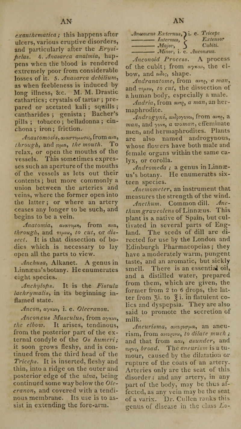 exanthematica; this happens after ulcers, various eruptive disorders, and particularly after the Erysi- pelas. 4. Anasarca analmia, hap- pens when the blood is rendered extremely poor from considerable losses of it. 5. Anasarca debilium, as when feebleness is induced by long illness, Sec. M. M. Drastic cathartics; crystals of tartar ; pre- pared or acetated kali; squills ; cantharides ; genista; Bacher's pills; tobacco; belladonna; cin- chona; iron; friction. Anastomosis, a.io&roy.wn^ from avx, through, and ?ojj.x, the mouth. To relax, or open the mouths of the vessels. This sometimes expres- ses such an aperture of the mouths of the vessels as lets out their contents; but more commonly a union between the arteries and veins, where the former open into the latter; or where an artery ceases any longer to be such, and begins to be a vein. Anatomia, avxTo^n, from «v«, through, and re^va, to cut, or dis- sect. It is that dissection of bo- dies which is necessary to lay open all the parts to view. Anchusa, Alkanet. A genus in Linnaeus's botany. He enumerates eight species. Anchylofis. It is the Fistula lachrymails, in its beginning in- flamed state. Ancon, ayxuv, i. e. Olecranon. Anconeus Musculus, from ayxw, the elbow. It arises, tendinous, from the posterior part of the ex- ternal condyle of the Os humeri; it soon grows fleshy, and is con- tinued from the third head of the Trice/is. It is inserted, fleshy and thin, into a ridge on the outer and posterior edge of the ulna, being continued some way below the Ole- cranon, and covered with a tendi- nous membrane. Its use is to as- sist in extending the fore-arm. Jlnamuvus Externus,~) i. e. Triceps Interims, C Extenso? Major, 3 Citbili. Minor, i. e. Anconeus. Anconoid Process. A process of the cubit; from ayx-xv, the el- bow, and £>&>;, shape. Andranatome, from av»?, a man, and Te/*v», to cut, the dissection of a human body, especially a male. Andria, from am^, a man, an her- maphrodite. Androgyni, avopoyuvo», from av*i«, a man, and yww, a woman, effeminate men, and hermaphrodites. Plants are also named androgynous, whose flowers have both male and female organs within the same ca- lyx, or corolla. Andromeda ; a genus in Linnae- us's botany. He enumerates six- teen species. Anemometer, an instrument that measures the strength of the wind. Anethum. Common dill. Anc- thum gravcolens of Linnaeus. This plant is a native of Spain, but cul- tivated in several parts of Eng- land. The seeds of dill are di- rected for use by the London and Edinburgh Pharmacopeias; they have a moderately warm, pungent taste, and an aromatic, but sickly smell. There is an esscntiai oil, and a distilled water, prepared from them, which are given, the former from 2 to 6 drops, the lat- ter from 5i. to J i. in flatulent co- lics and dyspepsia. They are also said to promote the secretion of milk. Aneurisma, xv.vfva-^x, an aneu- rism, from cevev^vvu, to dilate ??iuch ; and that from aav, asunder, and EUfuj, broad. The aneurism is a tu- mour, caused by the dilatation or rupture of the coats of an artery. Arteries only are the seat of this disorder: and any artery, in any part of the body, may be thus af- fected, as any vein may be the seat of a varix. Dr. Cullcn ranks this genus of disease in the class Lo-