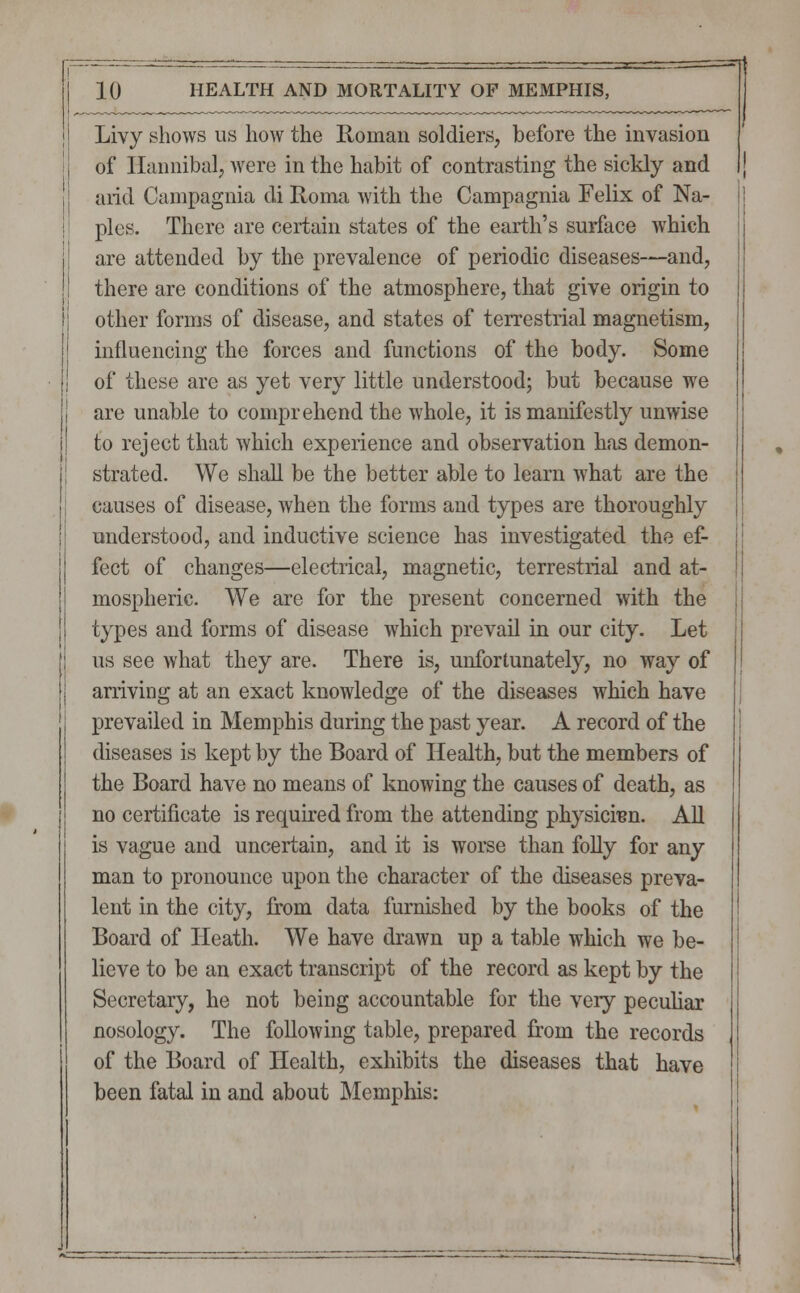 Livy shows us how the Roman soldiers, before the invasion of Hannibal, were in the habit of contrasting the sickly and arid Campagnia di Roma with the Campagnia Felix of Na- ples. There are certain states of the earth's surface which are attended by the prevalence of periodic diseases—and, there are conditions of the atmosphere, that give origin to other forms of disease, and states of terrestrial magnetism, influencing the forces and functions of the body. Some of these are as yet very little understood; but because we are unable to comprehend the whole, it is manifestly unwise to reject that which experience and observation has demon- strated. We shall be the better able to learn what are the causes of disease, when the forms and types are thoroughly understood, and inductive science has investigated the ef- fect of changes—electrical, magnetic, terrestrial and at- mospheric. We are for the present concerned with the types and forms of disease which prevail in our city. Let us see what they are. There is, unfortunately, no way of arriving at an exact knowledge of the diseases which have prevailed in Memphis during the past year. A record of the diseases is kept by the Board of Health, but the members of the Board have no means of knowing the causes of death, as no certificate is required from the attending physician. All is vague and uncertain, and it is worse than folly for any man to pronounce upon the character of the diseases preva- lent in the city, from data furnished by the books of the Board of Heath. We have drawn up a table which we be- lieve to be an exact transcript of the record as kept by the Secretary, he not being accountable for the veiy peculiar nosology. The following table, prepared from the records of the Board of Health, exhibits the diseases that have been fatal in and about Memphis: