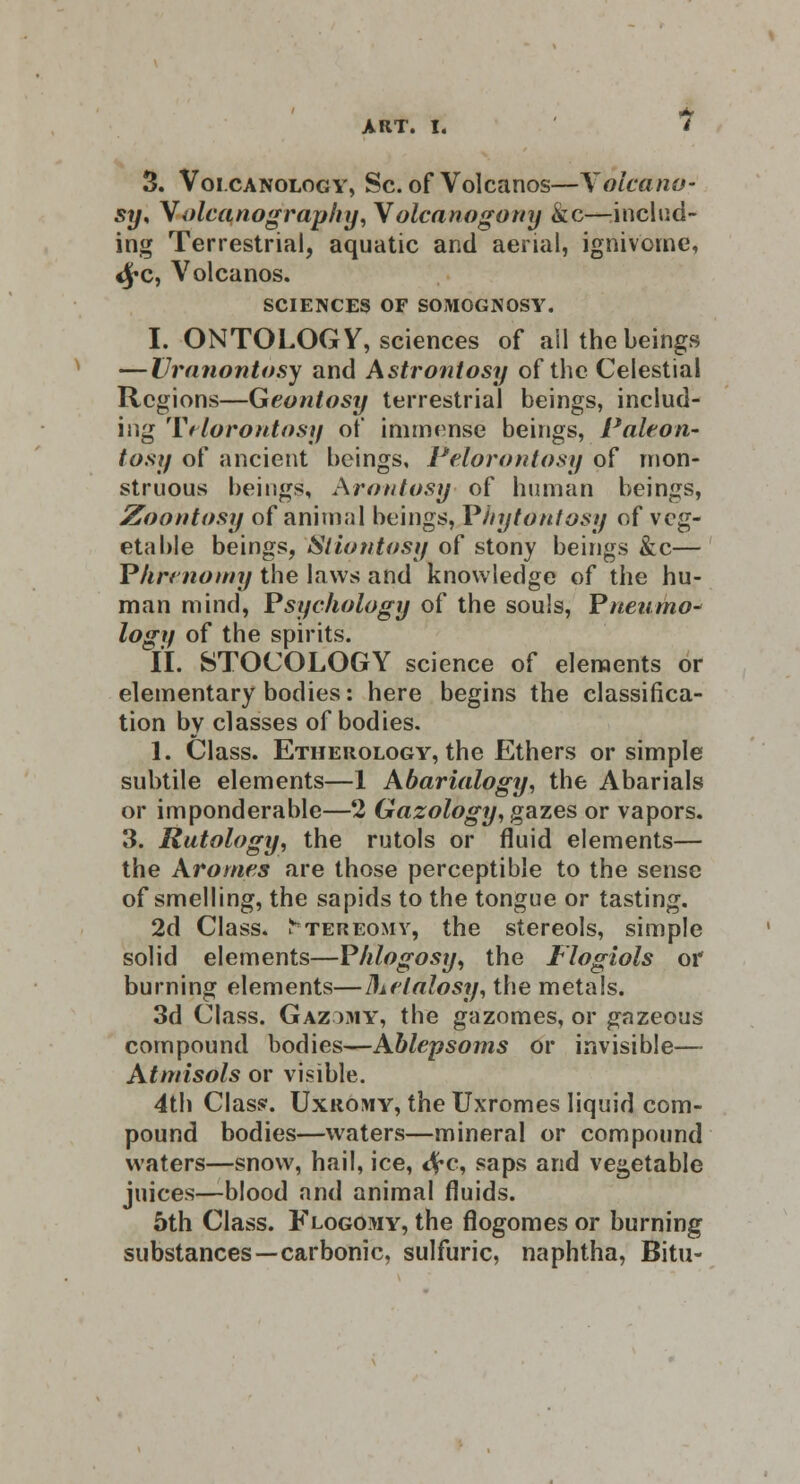 3. Voicanology, Sc. of Volcanos—Yolcano- sy, N olcanography,\ olcanogouy kc—includ- ing Terrestrial, aquatic and aerial, ignivome, «£c, Volcanos. SCIENCES OF SO1YI0GN0SY. I. ONTOLOGY, sciences of all the beings — Uranontosy and Astrontosy of the Celestial Regions—Geontosy terrestrial beings, includ- ing Telorontosy of immense beings, Pale on- tosy of ancient beings, Pelorontosy of mon- struous beings, Arontosy of human beings, Zoontosy of animal beings, Phytantosy of veg- etable beings, Siiontosy of stony beings kc— Plirtnomy the laws and knowledge of the hu- man mind, Psychology of the souls, Pneumo- logy of the spirits. II. STOCOLOGY science of elements or elementary bodies: here begins the classifica- tion by classes of bodies. 1. Class. Etheiiology, the Ethers or simple subtile elements—1 Abarialogy, the Abarials or imponderable—2 Gazology, gazes or vapors. 3. Rutology, the rutols or fluid elements— the Arornes are those perceptible to the sense of smelling, the sapids to the tongue or tasting. 2d Class, ^tereomv, the stereols, simple solid elements—Phlogosy, the Flogiols or burning elements—3*elalosy, the metals. 3d Class. Gazomy, the gazomes, or gazeous compound bodies—Ablepsoms or invisible— Atmisols or visible. 4th Class. Uxromy, the Uxromes liquid com- pound bodies—waters—mineral or compound waters—snow, hail, ice, <£c, saps and vegetable juices—blood and animal fluids. 5th Class. Flogomy, the flogomes or burning substances—carbonic, sulfuric, naphtha, Bitu-