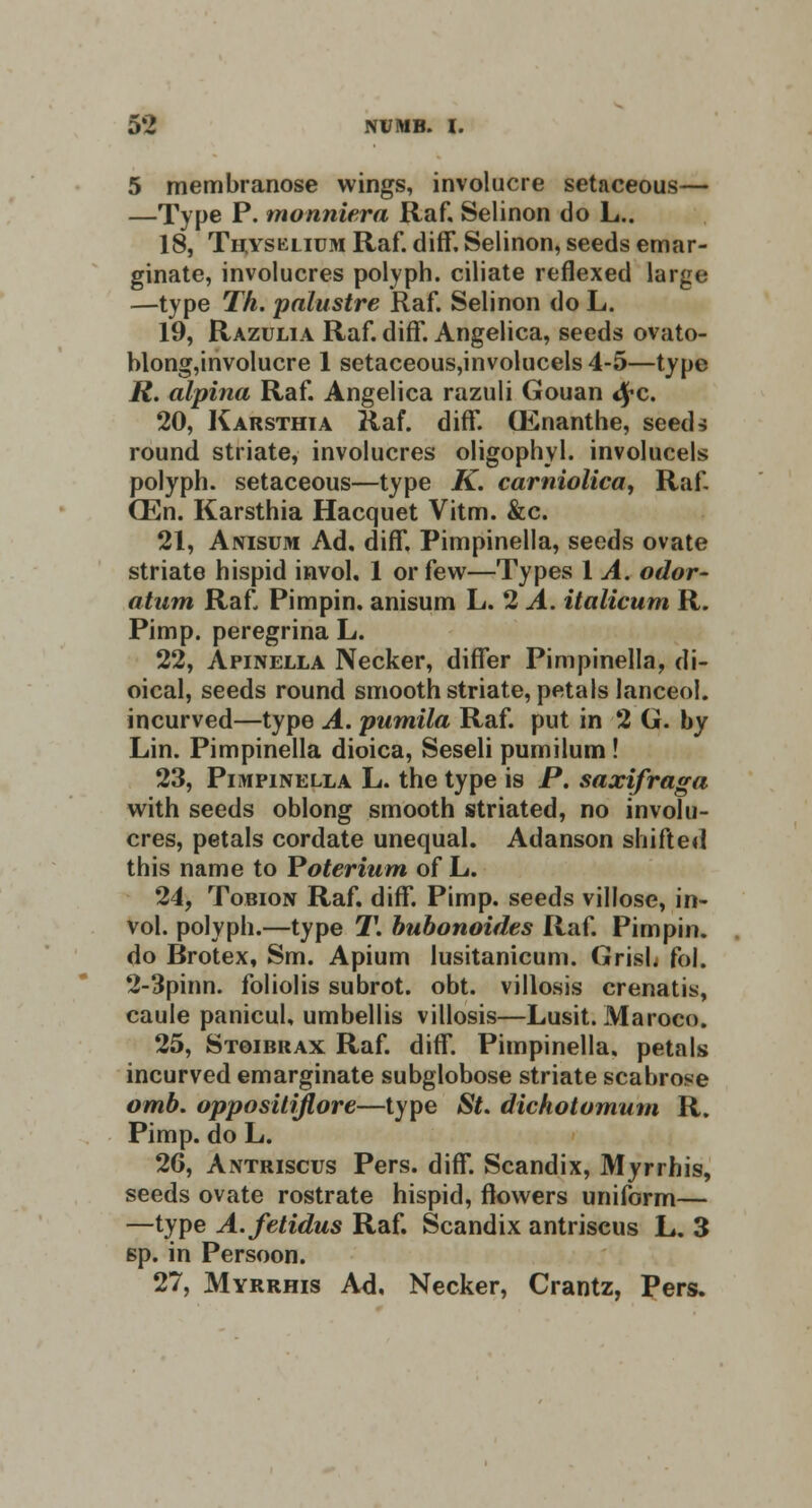 5 membranose wings, involucre setaceous— —Type P. monniera Raf. Selinon do L.. 18, Thysklium Raf. diff. Selinon, seeds emar- ginate, involucres polyph. ciliate reflexed large —type Th. palustre Raf. Selinon do L. 19, Razulia Raf. diff. Angelica, seeds ovato- blong,involucre 1 setaceous,involucels4-5—type R. alpina Raf. Angelica razuli Gouan 4*c. 20, Karsthia Raf. diff. (Enanthe, seed -i round striate, involucres oligophyl. involucels polyph. setaceous—type K. carniolica, Raf. (En. Karsthia Hacquet Vitm. &c. 21, Anisum Ad. diff. Pimpinella, seeds ovate striate hispid invol, 1 or few—Types 1 A. odor- atum Raf. Pimpin. anisum L. 2 A. italicum R. Pimp, peregrina L. 22, Apinella Necker, differ Pimpinella, di- oical, seeds round smooth striate, petals lanceol. incurved—type A. pumila Raf. put in 2 G. by Lin. Pimpinella dioica, Seseli pumilum ! 23, Pimpinella L. the type is P. saxifraga with seeds oblong smooth striated, no involu- cres, petals cordate unequal. Adanson shifted this name to Poterium of L. 24, Tobion Raf. diff. Pimp, seeds villose, in- vol. polyph.—type T. bubonoides Raf. Pimpin. do Brotex, Sm. Apium iusitanicum. Grisl. fol. 2-3pinn. foliolis subrot. obt. villosis crenatis, caule panicul, umbellis villosis—Lusit. Maroco. 25, Stoibrax Raf. diff. Pimpinella. petals incurved emarginate subglobose striate scabrose omb. oppositiflore—type St. dichotomum R. Pimp, do L. 26, Antriscus Pers. diff. Scandix, Myrrhis, seeds ovate rostrate hispid, flowers uniform— —type A.fetidus Raf. Scandix antriscus L. 3 6p. in Persoon. 27, Myrrhis Ad, Necker, Crantz, Pers.