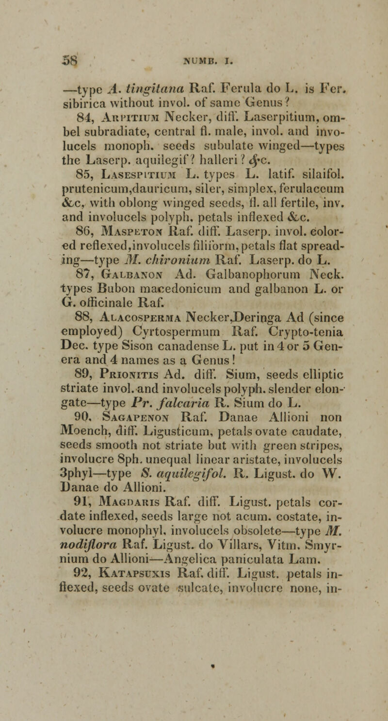 —type A. tingitana Raf. Ferula do L. is Fer. sibirica without invol. of same Genus? 84, Arpitium Necker, diff. Laserpitium, om- bel subradiate, central fl. male, invol. and invo- lucels monoph. seeds subulate winged—types the Laserp. aquilcgif? hallcri I tyc. 85, Lasespitiu^i L. types L. latif. silaifol. prutenicum,dauricum, siler, simplex, ferulaccum &c, with oblong winged seeds, tl. all fertile, inv. and involucels polyph, petals inflexed &c. 86, Maspeton Raf. diff. Laserp. invol. color- ed reflexed,involucels filiform, petals flat spread- ing—type M. cliironium Raf. Laserp. do L. 87, Galbaxon Ad. Galbanophorum Neck, types Bubon macedonicum and galbanon L. or G. officinale Raf. 88, Alacosperma Necker^Deringa Ad (since employed) Cyrtospermum Raf. Crypto-tenia Dec. type Sison canadense L. put in 4 or 5 Gen- era and 4 names as a Genus! 89, Prionitis Ad. diff. Sium, seeds elliptic striate invol. and involucels polyph. slender elon- gate—type Pr. falcaria R. Sium do L. 90, Sagapenon Raf. Danae Allioni non Moench, diff. Ligusticum, petals ovate caudate, seeds smooth not striate but with green stripes, involucre 8ph, unequal linear aristate, involucels 3phyl—type S. aquilegifol. R. Ligust. do W. Danae do Allioni. 91, Magdaris Raf. diff. Ligust. petals cor- date inflexed, seeds large not acum. costate, in- volucre monophyl. involucels obsolete—type M. nodifiora Raf. Ligust. do Villars, Vitm, Smyr- nium do Allioni—Angelica paniculata Lam. 92, Katapsuxis Raf. diff. Ligust. petals in- flexed, seeds ovate sulcate, involucre none, in-