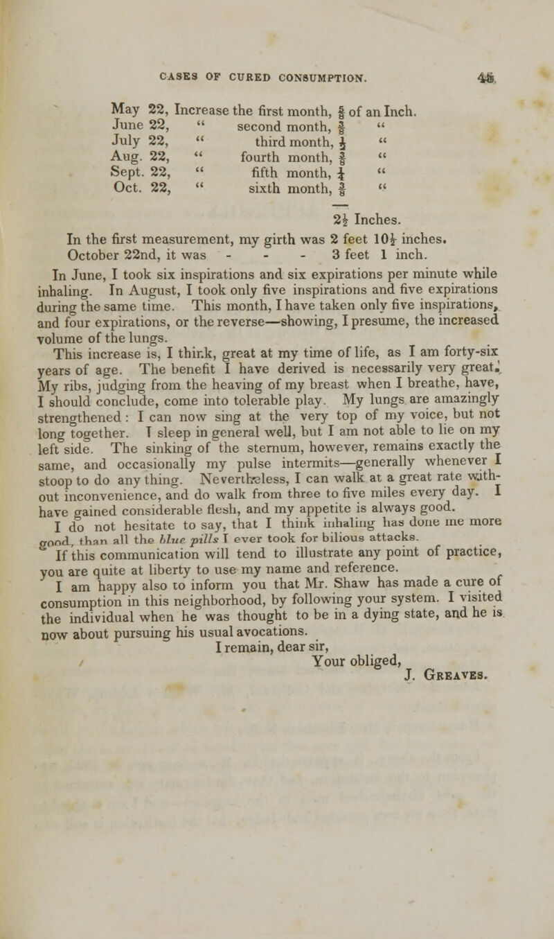 May 22, Increase the first month, § of an Inch. June 22,  second month, f  July 22,  third month, £  Aug. 22,  fourth month, §  Sept. 22,  fifth month, |  Oct. 22,  sixth month, |  2£ Inches. In the first measurement, my girth was 2 feet 10 i inches. October 22nd, it was 3 feet 1 inch. In June, I took six inspirations and six expirations per minute while inhaling. In August, I took only five inspirations and five expirations during the same time. This month, I have taken only five inspirations, and four expirations, or the reverse—showing, I presume, the increased volume of the lungs. This increase is, I think, great at my time of life, as I am forty-six years of age. The benefit I have derived is necessarily very great J My ribs, judging from the heaving of my breast when I breathe, have, I should conclude, come into tolerable play. My lungs are amazingly strengthened: I can now sing at the very top of my voice, but not long together. T sleep in general well, but I am not able to lie on my left side. The sinking of the sternum, however, remains exactly the same, and occasionally my pulse intermits—generally whenever I stoop to do any thing. Nevertheless, I can walk at a great rate with- out inconvenience, and do walk from three to five miles every day. I have gained considerable flesh, and my appetite is always good. I do not hesitate to say, that I think inhaling has done ine more good, than all the blue pills T ever took for bilious attacks. If this communication will tend to illustrate any point of practice, you are quite at liberty to use my name and reference. I am happy also to inform you that Mr. Shaw has made a cure of consumption in this neighborhood, by following your system. I visited the individual when he was thought to be in a dying state, and he is now about pursuing his usual avocations. I remain, dear sir, Your obliged, J. Greaves.