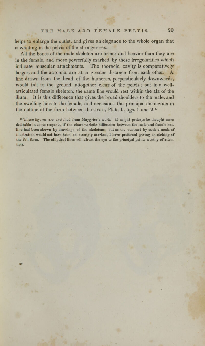 helps to enlarge the outlet, and gives an elegance to the whole organ that is wanting in the pelvis of the stronger sex. All the bones of the male skeleton are firmer and heavier than they are in the female, and more powerfully marked by those irregularities which indicate muscular attachments. The thoracic cavity is comparatively larger, and the acromia are at a greater distance from each other. A line drawn from the head of the humerus, perpendicularly downwards, would fall to the ground altogether clear of the pelvis; but in a well- articulated female skeleton, the same line would rest within the ala of the ilium. It is this difference that gives the broad shoulders to the male, and the swelling hips to the female, and occasions the principal distinction in the outline of the form between the sexes, Plate I., figs. 1 and 2.* * These figures are sketched from Maygrier's work. It might perhaps be thought more desirable in some respects, if the characteristic difference between the male and female out- line had been shown by drawings of the skeletons; but as the contrast by such a mode of illustration would not have been so strongly marked, I have preferred giving an etching of the full form. The elliptical lines will direct the eye to the principal points worthy of atten- tion.