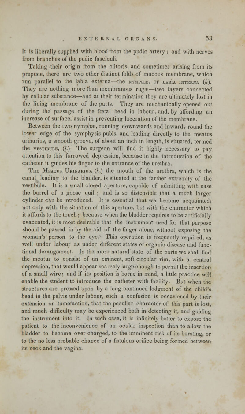 It is liberally supplied with blood from the pudic artery ; and with nerves from branches of the pudic fasciculi. Taking their origin from the clitoris, and sometimes arising from its prepuce, there are two other distinct folds of mucous membrane, which run parallel to the labia externa—the nymphs, or labia interna (h). They are nothing more fhan membranous rugce—two layers connected by cellular substance—and at their termination they are ultimately lost in the lining membrane of the parts. They are mechanically opened out during the passage of the fcetal head in labour, and, by affording an increase of surface, assist in preventing laceration of the membrane. Between the two nymphae, running downwards and inwards round the lower edge of the symphysis pubis, and leading directly to the meatus urinarius, a smooth groove, of about an inch in length, is situated, termed the vestibule, (t.) The surgeon will find it highly necessary to pay attention to this furrowed depression, because in the introduction of the catheter it guides his finger to the entrance of the urethra. The Meatus Urinarius, (/<-,) the mouth of the urethra, which is the canal leading to the bladder, is situated at the farther extremity of the vestibule. It is a small closed aperture, capable of admitting with ease the barrel of a goose quill; and is so distensible that a much larger cylinder can be introduced. It is essential that we become acquainted) not only with the situation of this aperture, but with the character which it affords to the touch ; because when the bladder requires to be artificially- evacuated, it is most desirable that the instrument used for that purpose should be passed in by the aid of the finger alone, without exposing the woman's person to the eye. This operation is frequently required, as well under labour as under different states of organic disease and func- tional derangement. In the more natural state of the parts we shall find the meatus to consist of an eminent, soft circular rim, with a central depression, that would appear scarcely large enough to permit the insertion of a small wire; and if its position is borne in mind, a little practice will enable the student to introduce the catheter with facility. But when the structures are pressed upon by a long continued lodgment of the child's head in the pelvis under labour, such a confusion is occasioned by their extension or tumefaction, that the peculiar character of this part is lost, and much difficulty may be experienced both in detecting it, and guiding the instrument into it. In such case, it is infinitely better to expose the patient to the inconvenience of an ocular inspection than to allow the bladder to become over-charged, to the imminent risk of its bursting, or to the no less probable chance of a fistulous orifice being formed between its neck and the vagina.