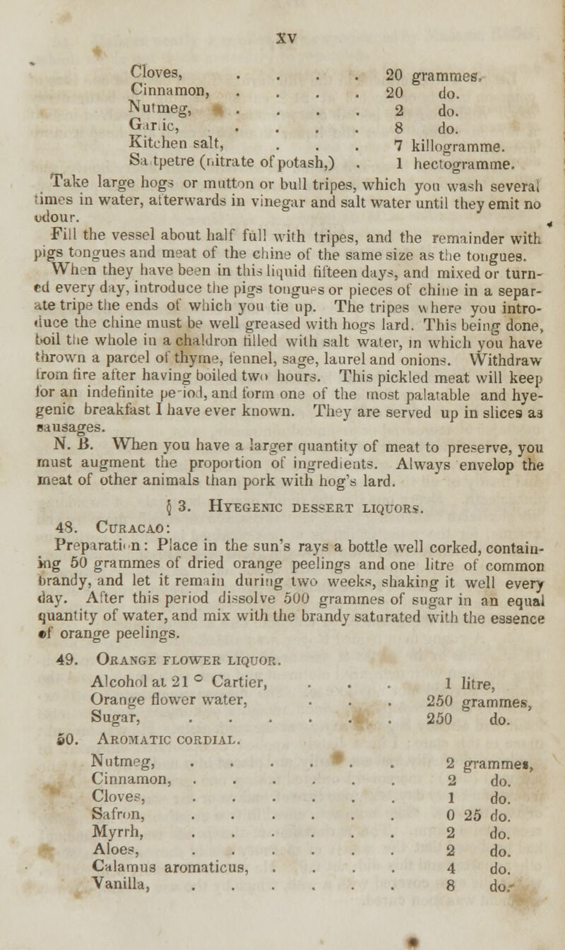 Cloves, Cinnamon, Nutmeg, Gir.ic, Kitchen salt, Sa.tpetre (nitrate of potash,) 20 20 grammes, do. 2 do. 8 do. 7 1 killogramme. hectogramme Take large hogs or mutton or bull tripes, which you wash several times in water, afterwards in vinegar and salt water until they emit no wiour. Pill the vessel about half full with tripes, and the remainder with pigs tongues and meat of the chine of the same size as the tongues. When they have been in this liquid fifteen days, and mixed or turn- ed every day, introduce the pigs tongues or pieces of chine in a separ- ate tripe the ends of which you tie up. The tripes where you intro- duce the chine must be well greased with hogs lard. This being done, boil the whole in a chaldron rilled with salt water, in which you have thrown a parcel of thyme, fennel, sage, laurel and onions. Withdraw from fire after having boiled two hours. This pickled meat will keep lor an indefinite pe-iod, and form one of the most palatable and hye- genic breakfast I have ever known. They are served up in slices as nausages. N. B. When you have a larger quantity of meat to preserve, you must augment the proportion of ingredients. Always envelop the meat of other animals than pork with hog's lard. 5 3. Hyegenic dessert liquors. 43. Curacao: Preparation: Place in the sun's rays a bottle well corked, contain- ing 50 grammes of dried orange peelings and one litre of common brandy, and let it remain during two weeks, shaking it well every day. After this period dissolve 500 grammes of sugar in an equal quantity of water, and mix with the brandy saturated with the essence •f orange peelings. 49. £0. Orange flower liquor Alcohol at 21 ° Cartier, Orange flower water, Sugar, Aromatic cordial. Nutmeg, Cinnamon, Cloves, Safron, Myrrh, Aloes, Calamus aromaticus, Vanilla, 1 litre, 250 grammes, 250 do. 2 grammes, 2 do. 1 do. 0 25 do. 2 do. 2 do. 4 do. 8 do.-