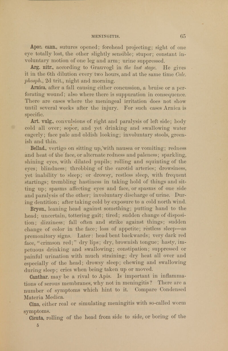 Apoo. cann., sutures opened; forehead projecting; sight of one eye totally lost, the other slightly sensible; stupor; constant in- voluntary motion of one leg and arm; urine suppressed. Arg. nitr., according to Grauvogl in the last stage. He gives it in the 6th dilution every two hours, and at the same time Calc. phosph., 2d frit., night and morning. Arnica, after a fall causing either concussion, a bruise or a per- forating wound; also where there is suppuration in consequence. There are cases where the meningeal irritation does not show until several weeks after the injury. For such cases Arnica is specific. Art. vulg., convulsions of right and paralysis of left side; body cold all over; sopor, and yet drinking and swallowing water eagerly; face pale and oldish looking; involuntary stools, green- ish and thin. Bellad., vertigo on sitting up, with nausea or vomiting; redness and heat of the face, or alternate redness and paleness; sparkling, shining eves, with dilated pupils; rolling and squinting of the eyes; blindness; throbbing of the carotid arteries; drowsiness, yet inability to sleep; or drowsy, restless sleep, with frequent startings; trembling hastiness in taking hold of things and sit- ting up; spasms affecting eyes and face, or spasms of one side and paralysis of the other; involuntary discharge of urine. Dur- ing dentition; after taking cold by exposure to a cold north wind. Bryon., leaning head against something; putting hand to the head; uncertain, tottering gait; tired; sudden change of disposi- tion; dizziness; fall often and strike against things; sudden change of color in the face; loss of appetite; restless sleep—as premonitory signs. Later: head bent backwards; very dark red face, crimson red; dry lips; dry, brownish tongue; hasty, im- petuous drinking and swallowing; constipation; suppressed or painful urination with much straining; dry heat all over and especially of the head; drowsy sleep; chewing and swallowing during sleep; cries when being taken up or moved. Canthar. may be a rival to Apis. Is important in inflamma- tions of serous membranes, why not in meningitis? There are a number of symptoms which hint to it. Compare Condensed Materia Medica. Cina, either real or simulating meningitis with so-called worm symptoms.  Cicuta, rolling of the head from side to side, or boring of the 5