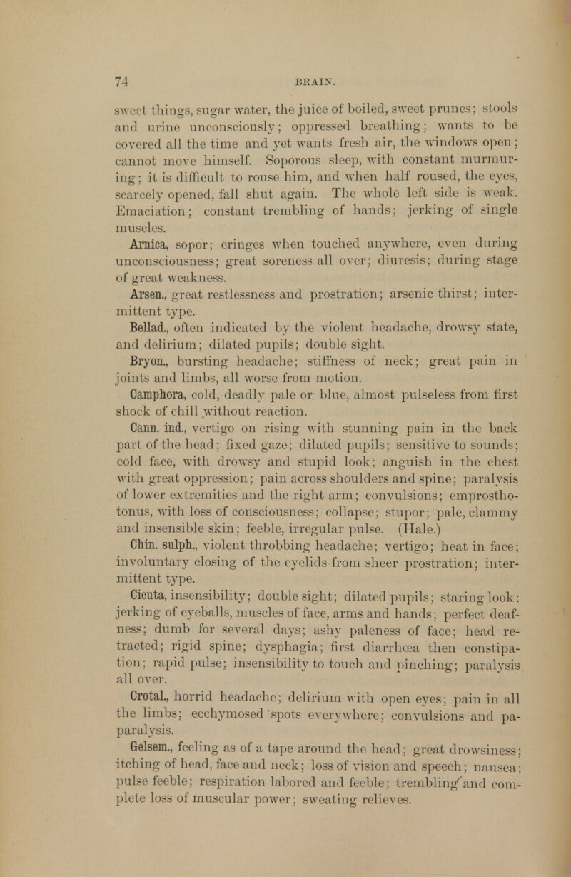 sweet things, sugar water, the juice of boiled, sweet prunes; stools and urine unconsciously; oppressed breathing; wants to be covered all the time and yet wants fresh air, the windows open ; cannot move himself. Soporous sleep, with constant murmur- ing; it is difficult to rouse him, and when half roused, the eyes, scarcely opened, fall shut again. The whole left side is weak. Emaciation; constant trembling of hands; jerking of single muscles. Arnica, sopor; cringes when touched anywhere, even during unconsciousness; great soreness all over; diuresis; during stage of great weakness. Arsen., great restlessness and prostration; arsenic thirst; inter- mittent type. Bellad., often indicated by the violent headache, drowsy state, and delirium; dilated pupils; double sight. Bryon., bursting headache; stiffness of neck; great pain in joints and limbs, all worse from motion. Camphora, cold, deadly pale or blue, almost pulseless from first shock of chill without reaction. Cann. ind., vertigo on rising with stunning pain in the back part of the head; fixed gaze; dilated pupils; sensitive to sounds; cold. face,, with drowsy and stupid look; anguish in the chest with great oppression; pain across shoulders and spine; paralysis of lower extremities and the right arm; convulsions; emprostho- tonus, with loss of consciousness; collapse; stupor; pale, clammy and insensible skin; feeble, irregular pulse. (Hale.) Chin, sulph., violent throbbing headache; vertigo; heat in face; involuntary closing of the eyelids from sheer prostration; inter- mittent type. Cicuta, insensibility; double sight; dilated pupils; staring look; jerking of eyeballs, muscles of face, arms and hands; perfect deaf- ness; dumb for several days; ashy paleness of face; head re- tracted; rigid spine; dysphagia; first diarrhoea then constipa- tion; rapid pulse; insensibility to touch and pinching; paralysis all over. Crotal., horrid headache; delirium with open eyes; pain in all the limbs; ecchymosed spots everywhere; convulsions and pa- paralysis. Gelsera., feeling as of a tape around the head ; great drowsiness; itching of head, face and neck; loss of vision and speech; nausea; pulse feeble; respiration labored and feeble; trembling'and com- plete loss of muscular power; sweating relieves.