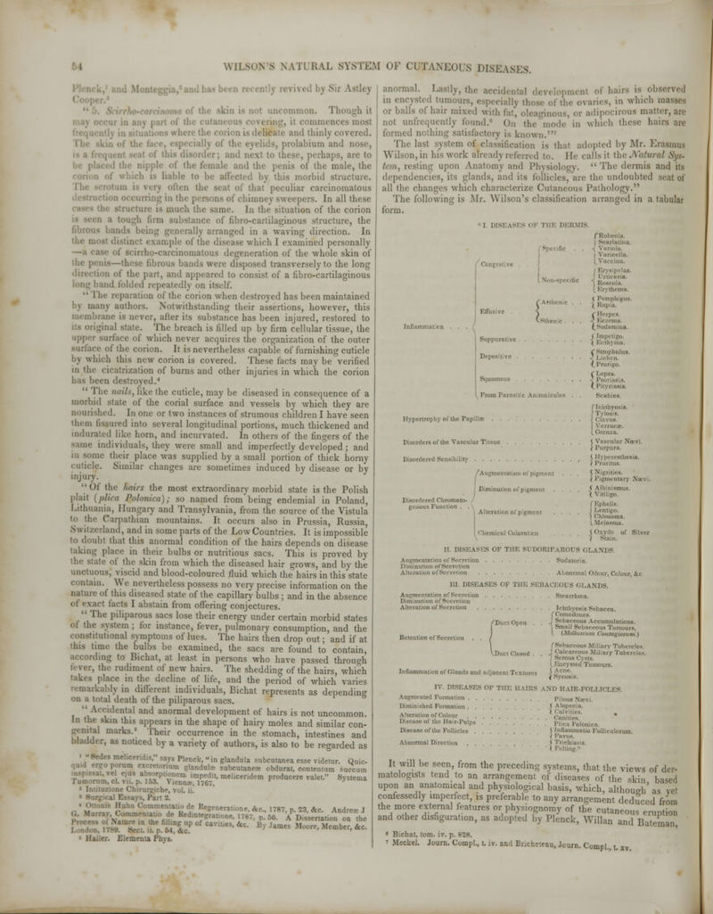 Wll Ml RAL SYSTEM OF CUTANEOUS DISEA5 ... by S skin is not uncommon. Though il . n is delicate and thinly co jrelids, prolabium and nose, i r; and next to these, perhaps, arc to and the penis of the male, the i> liable to he affected by this morhid structure. often the seat of that peculiar carcinomatous irringinthi if chimney sweepers. In all these is much the same. In the situation of the corion Q a tough linn substance of fibro-cartilaginous structure, the bands being generally arranged in a waving direction. In tincl example of the disease which I examined personally ireinomatous degeneration of the whole skin of fibrous hands were disposed transversely to the long direction of the part, and appeared to consist of a fibro-cartilaginous long band folded repeatedly on itself.  The reparation of the corion when destroyed has been maintained • J many authors. Notwithstanding their assertions, however, this membrane is never, after its substance has been injured, restored to ginal stale. The breach is filled up by firm cellular tissue, the upper surface of which never acquires the organization of the outer surface of the corion. It is nevertheless capable of furnishing cuticle by which this new corion is covered. These facts may be verified in the cicatrization of burns and other injuries in which the corion bas been destroyed.4  The nails, like the cuticle, may be diseased in consequence of a morbid slate of the corial surface and vessels by which they are nourished. In one or two instances of strumous children I have seen them fissured into several longitudinal portions, much thickened and indurated like horn, and incurvated. In others of the fingers of the same individuals, they were small and imperfectly developed ; and in some their place was supplied by a small portion of thick horny cuticle. Similar changes arc sometimes induced by disease or by injury. Of the fairs the most extraordinary morbid state is the Polish plait (plica Polonica); so named from being endemial in Poland, Lithuania, Hungary and Transylvania, from the source of the Vistula to the Carpathian mountains. It occurs also in Prussia, Russia, Switzerland, and in some parts of the Low Countries. It is impossible to doubt that this anormal condition of the hairs depends on disease taking place in their bulbs or nutritious sacs. This is proved by te of the skin from which the diseased hair grows, and by the unctuous, viscid and blood-coloured fluid which the hairs in this state contain. We nevertheless possess no very precise information on the nature of this diseased state of the capillary bulbs ; and in the absence \act facts I abstain from offering conjectures.  The piliparous sacs lose their energy under certain morbid states ot the system ; for instance, fever, pulmonary consumption, and the constitutional symptoms of lues. The hairs then drop out; and if at •Ins time the bulbs be examined, the sacs are found to contain, according to Bichat, at least in persons who have passed through lever, the rudiment of new hairs. The shedding of the hairs, which takes place in the decline of life, and the period of which varies remarkably in different individuals, Bichat represents as depending on a total death of the piliparous sacs. Accidental and anormal development of hairs is not uncommon. In the skin this appears in the shape of hairy moles and similar con- genital marks.5 Their occurrence in the stomach, intestines and bladder, as noticed by a variety of authors, is also to be regarded as Sedes meliceridis, says Plenck, in glandula subentanea esse videtur. Quic- qu.d ergo porum excretonum glandule subcutane* obdurat, contentum sneenm •rSp,SSrf mT?i e,US a^rpt,£nem imPedit' nieliceridem producere valet. Systema rumorum, cl. vtt. p. 153. Viennse, 1767. 4 Intituzione Chirurgiche, vol. ii! * Surgical Essa I ahn Commentatio de Regeneratione, &c, 1787, p. 23, &c. Andres J d. Murrav, Commentatio de Redinte«ratione I7a- „\n » tv ,■ , Hailer. Elementa Phys. anormal. Lastly, the accidental development of hairs is observe,] in encysted tumours, especially those of the ovaries, in which masses or balls of hair mixed with I idipocirous matter, arc not unfrequently found. On tl in which these hairs are formed nothing satisfactory is known The last system of classification is thai adopted by Mr. Erasmus Wilson, in his work already referred to. He calls il the Natural Sys- Sting upon Anatomy and Physiology. The dermis and its dependencies, its glands, and its follicles, are the undoubted seat of all the changes which characterize Cutaneous Pathology. The following is Mr. Wilson's classification arranged in a tabular form. •I. DISEASES RMIS. ( Congestive ( Specific I I I Non-specific f Asthen (.Sthenic f R'.il i ' atina. -; Variola. I Varicella. [Van (Erysipelas. J Urticaria. c.la. Iieraa. V Pemphigus. ( Rupia. ( Herpes, Eczema. (.Sudamiaa. *w»*« {]'; _ . . f Strophulus. Depositee . J L.ichi n. (_ Prurigo. i Lepra. < Psoriasis. (.Pityriasis. Squamous From Parasitic An.malcules Hypertrophy of the Papilla; Scabies. (Ichthyosis. Tylosis. ■J Ciavus. 1 .in acse. I t'lunim. Disorders of the Vascular Tissue < Vascular Narvi. ( Purpura. Disordered Sensibility 5 Hyperesthesia. ( Pruritus. /Augmentation of pigment Diminution of pigment . . <, Nigritiee. ( Pigmentary Na i Disordered Chromato- genous Function . Alteration of pigment Chemical Coloration f Alhinismus. X Vitiligo. fF.phelis. I Lentigo. Chloasma. Melai >, Oxyde of Silver II. DISEASES OF THE SUDORIPAROUS GLANDS. Augmentation of Secretion Sudatoria. .mi of Secretion Alteration of Secretion Abnormal Odour, Colour, &e. III. DISEASES OF THE SEBACEOUS GLANDS. Augmentation of Secretion Stearrhcea. Diminution of Secretion Alteration of Secretion Ichthyosis Sebacca. fComedones. /Duct Open Retention of Secretion . . / VDuct Closed . Inflammation of Glands and adjacent Textures J Sebaceous Accumulations. 1 Small Sebaceous Tumours, ( {Molluscum Contagiosum.) f Sebaceous Miliary Tubercles. J Calcareous Miliary 1 ; Serous Cysts. led Tumours. ( Acne. ( Sycosis. IV. DISEASES OF THE HAIRS AND HAIR-FOLLK Augmented Formation Pilous Nsevi. Diminished Formation J Alopecia. .... ,~ , ( Cah < „ Alteratton of Colour Disease of the Hair-Pulps Plica Poloni, Disease of the Follicles 5 Inflarnmatio Folliculorum. I Favns. Abnormal Direction 5 Trichiasis. ( Felting.'' It will be seen, from the preceding systems, that the views of der- matologists tend to an arrangement of diseases of the skin based upon an anatomical and physiological basis, which, although' as vet confessedly imperfect, is preferable to any arrangement deduced from the more external features or physiognomy of the cutaneous emotion and other disfiguration, as adopted by Plenck, Willan and Bateman, « Bichat, torn. iv. p. 828. ' Meckel. Journ. Compl., t. iv. and Brkhe'.eau, Journ. Compl., t. xv