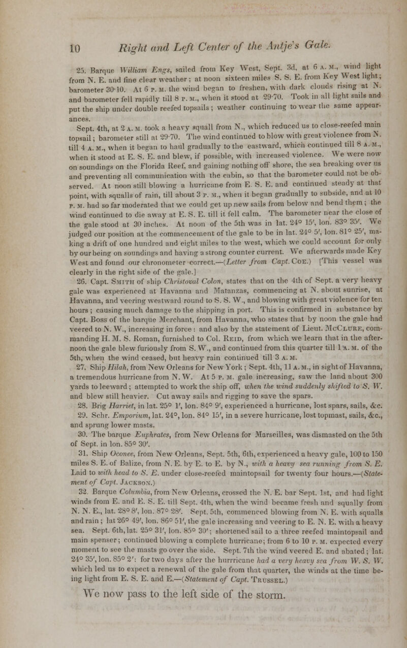 25. Barque William En~s, sailed from Key West, Sept. 3d, at 6 a.m., wind light from N. E. and fine clear weather: at noon sixteen miles S. S. E. from Key West light; barometer 30-10. At 6 p. m. the wind began to freshen, with dark clouds rising at N. and barometer fell rapidly till 8 p. K., when it stood at 2970. Took in all light sails and put the ship under double reefed topsails ; weather continuing to wear the same appear- ances. Sept. 4th, at 2 a. m. took a heavy squall from N, which reduced us to close-reefed main topsail; barometer still at 2970. The wind continued to blow with great violence from N. till 4 a. m., when it began to haul gradually to the eastward, which continued till 8 a. m., when it stood at E. S. E. and blew, if possible, with increased violence. We were now on soundings on the Florida Reef, and gaining nothing off shore, the sea breaking over us and preventing all communication with the cabin, so that the barometer could not be ob- served. At noon still blowing a hurricane from E. S. E. and continued steady at that point, with squalls of rain, till about 3 v. B„ when it began gradually to subside, and at 10 p. m. had so far moderated that we could get up new sails from below and bend them ; the wind continued to die away at E. S. E. till it fell calm. The barometer near the close of the gale stood at 30 inches. At noon of the 5th was in lat. 24° 15', Ion. 83° 35'. We judged our position at the commencement of the gale to be in lat. 24° 5', Ion. 81° 25', ma- king a drift of one hundred and eight miles to the west, which we could account for only by our being on soundings and having a strong counter current. Wre afterwards made Key West and found our chronometer correct.—{Letter from Capt. Coe.) [This vessel was clearly in the right side of the gale.] 26. Capt. Smith of ship ChrUtotal Colon, states that on the 4th of Sept. a very heavy gale was experienced at Havanna and Matanzas, commencing at N. about sunrise, at Havanna, and veering westward round to S. 8. W., and blowing with great violence for ten hours ; causing much damage to the shipping in port. This is confirmed in substance by Capt. Boss of the barque Merchant, from Havanna, who states that by noon the gale had veered to N. W., increasing in force : and also by the statement of Lieut. McClurk, com- manding H. M. S. Roman, furnished to Col. Reid, from which we learn that in the after- noon the gale blew furiously from S. W., and continued from this quarter till 1 a. m. of the 5th, when the wind ceased, but heavy rain continued till 3 a.m. 27. Ship Hilah, from New Orleans for New York; Sept. 4th, 11 a. m., in sight of Havanna, a tremendous hurricane from N. W. At 5 p. M. gale increasing, saw the land about 300 yards to leeward; attempted to work the ship off, when the wind suddenly shifted to S. W. and blew still heavier. Cut away sails and rigging to save the spars. 28. Brig Harriet, in lat. 25° 1', Ion. 84° 9', experienced a hurricane, lost spars, sails, &c. 29. Schr. Emporium, lat. 24°, Ion. 84° 15', in a severe hurricane, lost topmast, sails, &c, and sprung lower masts. 30. The barque Euphrates, from New7 Orleans for Marseilles, was dismasted on the 5th of Sept. in Ion. 85° 30'. 31. Ship Oconee, from New Orleans, Sept. 5th, 6th, experienced a heavy gale, 100 to 150 miles S. E. of Balize, from N. E. by E. to E. by iN., with a heavy sea running from S. E. Laid to with head to IS. E. under close-reefed maintopsail for twenty four hours.—{State- ment of Capt. Jackson.) 32. Barque Columbia, from New Orleans, crossed the N. E. bar Sept. 1st, and had light winds from E. and E. S. E. till Sept. 4th, when the wind became fresh and squally from N. N. E., lat. 28° 8', Ion. 87° 28'. Sept. 5th, commenced blowing from N, E. with squalls and rain ; lat 26° 49', Ion. 86° 51', the gale increasing and veering to E. N. E. with a heavy sea. Sept. 6th, lat. 25° 31', Ion. 85° 30'; shortened sail to a three reefed maintopsail and main spenscr; continued blowing a complete hurricane; from 6 to 10 p. m. expected every moment to see the masts go over the side. Sept. 7th the wind veered E. and abated : lat. 24° 35', Ion. 85° 2': for two days after the hurrricane had a very heavy sea from W. S. W, which led us to expect a renewal of the gale from that quarter, the winds at the time be- ing light from E. S. E. and E.—(Staleme?d of Capt. Trussel.) We now pass to the left side of the storm.