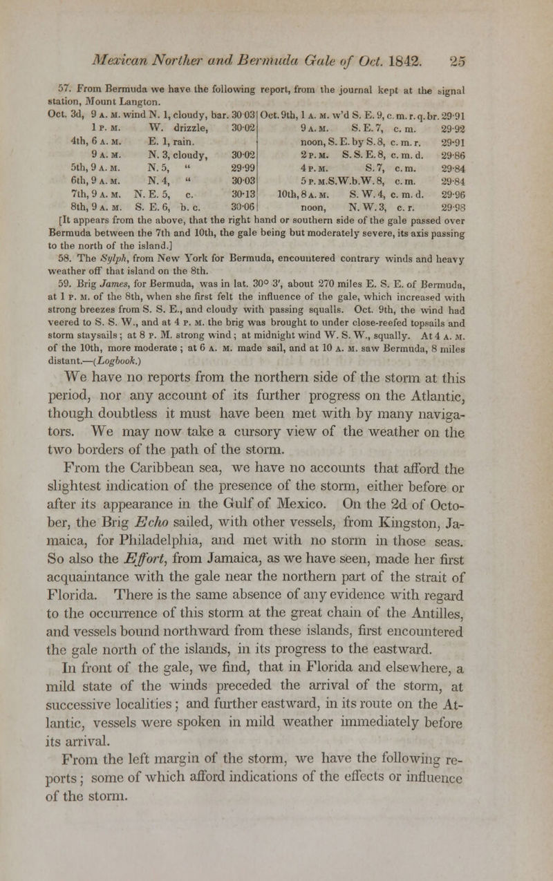 4th, 6 a. m. E. 1, rain. 9 a.m. N. 3, cloudy, 3002 5th, 9 a. M. N. 5,  29-99 6th, 9 a. m. N. 4,  3003 7ih, 9 a. m. N E. 5, c. 30-13 8th, 9 a. m. X E. 6, b. c. 30-06 Mexican Norther and Bermuda Gale of Oct. 1842. 2.5 57. From Bermuda we have the following report, from the journal kept at the signal station, Mount Langton. Oct. 3d, 9 a. M. wind N. 1, cloudy, bar. 30 03 Oct.9th, 1 a. m. w'd S. E.9,c.m.r.q.br.29-91 noon, S. E. by S. 8, c. m.r. 29-91 2 p.m. S.S. E.8, c.m.d. 29-86 4 p.m. S.7, cm. 29-84 5p.M.S.W.b.W.8, cm. 29-84 10th,8a.m. S. W.4, c m. d. 29-96 noon, N. W.3, c. r. 29-98 [It appears from the above, that the right hand or southern side of the gale passed over Bermuda between the 7th and 10th, the gale being but moderately severe, its axis passing to the north of the island.] 58. The Sylph, from New York for Bermuda, encountered contrary winds and heavy weather off that island on the 8th. 59. Brig James, for Bermuda, was in lat. 30° 3', about 270 miles E. S. E. of Bermuda, at 1 p. m. of the 8th, when she first felt the influence of the gale, which increased with strong breezes from S. S. E., and cloudy with passing squalls. Oct. 9th, the wind had veered to S. S. W., and at 4 p. m. the brig was brought to under close-reefed topsails and storm staysails ; at 8 p. M. strong wind ; at midnight wind W. S. W., squally. At 4 a. m. of the 10th, more moderate ; at 6 a. m. made sail, and at 10 a. II. saw Bermuda, 8 miles distant.—(Logbuok.) We have no reports from the northern side of the storm at this period, nor any account of its further progress on the Atlantic, though doubtless it must have been met with by many naviga- tors. We may now take a cursory view of the weather on the two borders of the path of the storm. From the Caribbean sea, we have no accoimts that afford the slightest indication of the presence of the storm, either before or after its appearance in the Gulf of Mexico. On the 2d of Octo- ber, the Brig Echo sailed, with other vessels, from Kingston, Ja- maica, for Philadelphia, and met with no storm in those seas. So also the Effort, from Jamaica, as we have seen, made her first acquaintance with the gale near the northern part of the strait of Florida. There is the same absence of any evidence with regard to the occurrence of this storm at the great chain of the Antilles, and vessels bound northward from these islands, first encountered the gale north of the islands, in its progress to the eastward. In front of the gale, we find, that in Florida and elsewhere, a mild state of the winds preceded the arrival of the storm, at successive localities; and further eastward, in its route on the At- lantic, vessels were spoken in mild weather immediately before its arrival. From the left margin of the storm, we have the following re- ports ; some of which afford indications of the effects or influence of the storm.