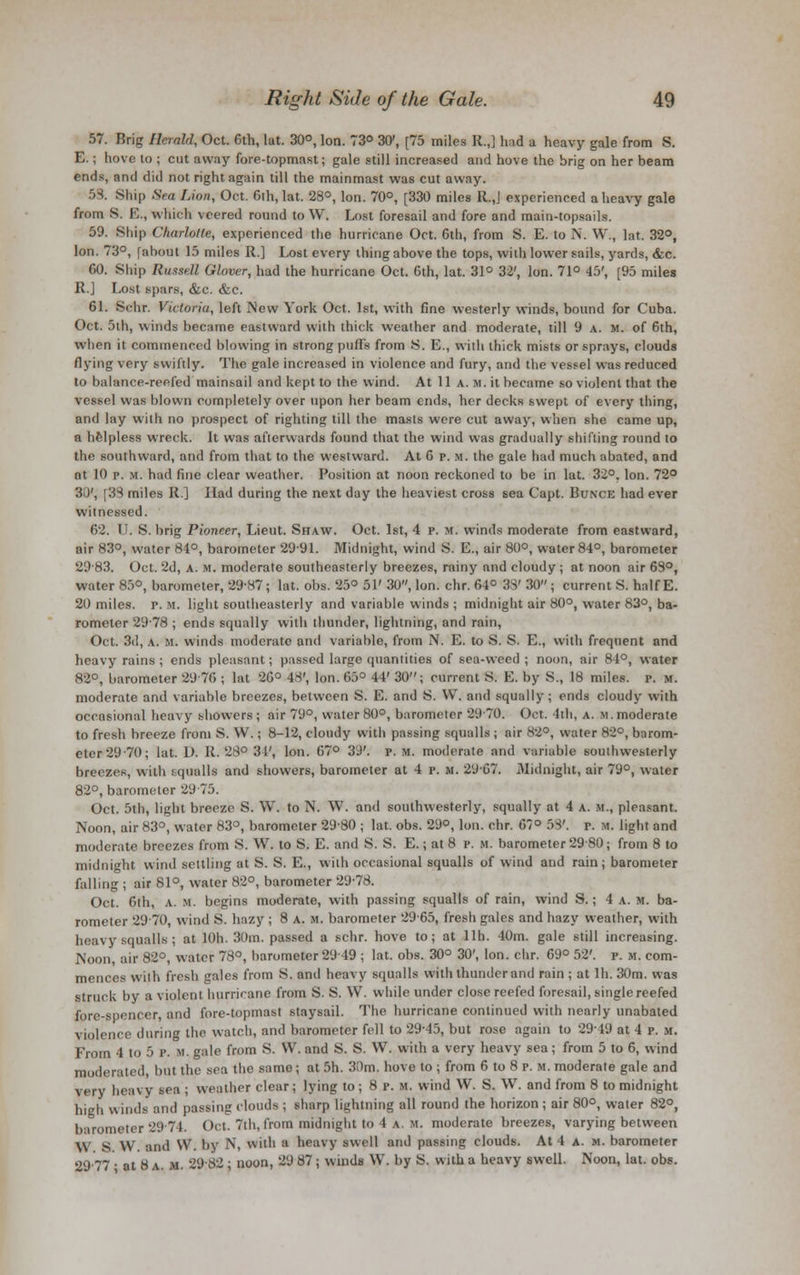 57. Brig Herald, Oct. 6th, lut. 30°, Ion. 73° 3C, [75 miles R.,] had a heavy gale from S. E.; hove to ; cut away fore-topmast; gale still increased and hove the brig on her beam ends, and did not right again till the mainmast was cut away. 5S. Ship Sea Lion, Oct. 6ih, lat. 28°, Ion. 70°, [330 miles R.,J experienced a heavy gale from S. E., which veered round to W. Lost foresail and fore and main-topsails. 59. Ship Charlotte, experienced the hurricane Oct. 6th, from S. E. to N. W., lat. 32°, Ion. 73°, [about 15 miles R.] Lost every thing above the tops, with lower sails, yards, &c. 60. Ship Russell (Hover, had the hurricane Oct. 6th, lat. 31° 32', Ion. 71° 45', [95 miles R.J Lost spars, &c. &c. 61. Schr. Victoria, left New York Oct. 1st, with fine westerly winds, bound for Cuba. Oct. 5th, winds became eastward with thick weather and moderate, till 9 a. m. of 6th, when it commenced blowing in strong puffs from S. E., with thick mists or sprays, clouds flying very swiftly. The gale increased in violence and fury, and the vessel was reduced to balance-reefed mainsail and kept to the wind. At 11 a. m. it became so violent that the vessel was blown completely over upon her beam ends, her decks swept of every thing, and lay with no prospect of righting till the masts were cut away, when she came up, a helpless wreck. R was afterwards found that the wind was gradually shifting round to the southward, and from that to the westward. At 6 p.m. the gale had much abated, and at 10 p. m. had fine clear weather. Position at noon reckoned to be in lat. 32°, Ion. 72° 33', [33 miles R.] Had during the next day the heaviest cross sea Capt. Bunce had ever witnessed. 62. U. S. brig Pioneer, Lieut. Shaw. Oct. 1st, 4 p. m. winds moderate from eastward, air 83°, water 84°, barometer 2991. Midnight, wind S. E., air 80°, water84°, barometer 2983. Oct. 2d, a. m. moderate southeasterly breezes, rainy and cloudy ; at noon air 63°, water 85®, barometer, 29-87; lat. obs. 25° 51' 30, Ion. chr. 64° 33' 30 ; current S. half E. 20 miles, p. m. light southeasterly and variable winds ; midnight air 80°, water 83°, ba- rometer 2978 ; ends squally with thunder, lightning, and rain, Oct. 3d, a. M. winds moderate and variable, from N. E. to S. S. E., with frequent and heavy rains ; ends pleasant; passed large quantities of sea-weed ; noon, air 84°, water 82°, barometer 2976 ; lat 26° 48', Ion. 65° 44' 30; current S. E. by S., 18 miles, p. m. moderate and variable breezes, between S. E. and S. W. and squally ; ends cloudy with occasional heavy showers ; air 79°, water 80°, barometer 29 70. Oct. 4th, a. m. moderate to fresh breeze from S. W.; 8-12, cloudy with passing squalls ; air 82°, water 82°, barom- eter 29-70; lat. D. R. 28° 34', Ion. 67° 39'. p. m. moderate and variable southwesterly breezes, with squalls and showers, barometer at 4 p. m. 29-67. Midnight, air 79°, water 82°, barometer 29 75. Oct. 5th, light breeze S. W. to N. W. and southwesterly, squally at 4 a. m., pleasant. Noon, air 83°, water 83°, barometer 2980 ; hit. obs. 29°, Ion. chr. 67° 53'. p. n. light and moderate breezes from S. W. to S. E. and S. S. E.; at 8 p. m. barometer 29-80; from 8 to midnight wind settling at S. S. E., with occasional squalls of wind and rain; barometer falling ; air 81°, water 82°, barometer 29-78. Oct. 6th, a. m. begins moderate, with passing squalls of rain, wind S.; 4 a. m. ba- rometer 29-70, wind S. hazy ; 8 a.m. barometer 29-65, fresh gales and hazy weather, with heavy squalls ; at lOh. 30m. passed a schr. hove to; at llh. 40m. gale still increasing. Noon, air 82°, water 78°, barometer2949 ; lat. obs. 30° 30', Ion. chr. 69° 52'. p. m. com- mences with fresh gales from S. and heavy squalls with thunder and rain ; at Hi. 30m. was struck by a violent hurricane from S. S. W. while under close reefed foresail, single reefed fore-spencer, and fore-topmast staysail. The hurricane continued with nearly unabated violence during the watch, and barometer fell to 29-45, but rose again to 29-49 at 4 p. m. From 4 to 5 P. m. gale from S. VV. and S. S. W. with a very heavy sea; from 5 to 6, wind moderated, but the sea the same; at 5h. 30m. hove to ; from 6 to 8 p. m. moderate gale and very heavy sea ; weather clear; lying to; 8 p. M. wind W. S. W. and from 8 to midnight high winds and passing clouds ; sharp lightning all round the horizon ; air 80°, water 82°, barometer 29 74. Oct. 7th, from midnight to 4 a. m. moderate breezes, varying between W iS W. and W. by N, with a heavy swell and passing clouds. At 4 a. m. barometer 29-77 • at 8 a. M. 29 82 : noon, 29 87; winds W. by S. with a heavy swell. Noon, lat. obs.