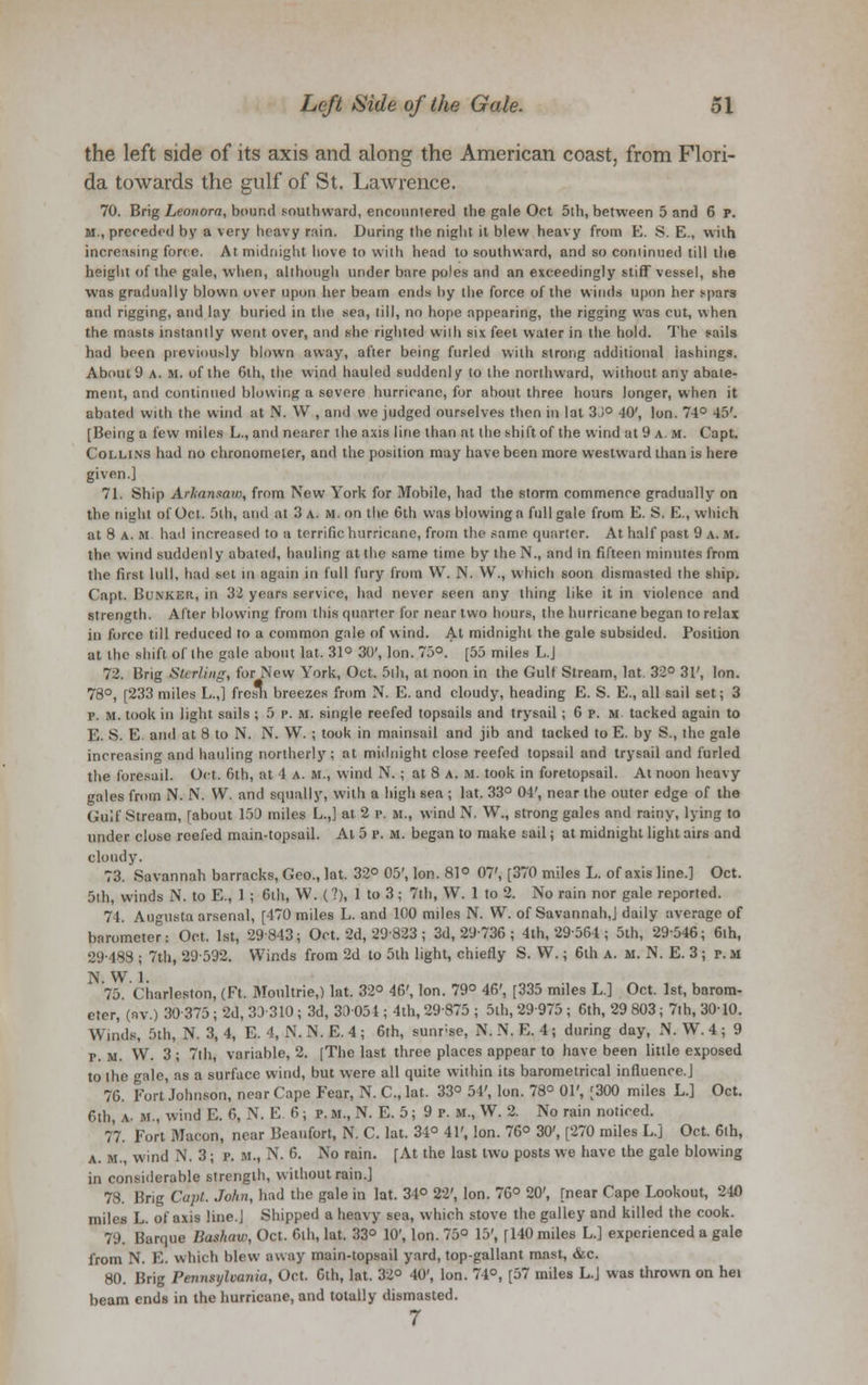 the left side of its axis and along the American coast, from Flori- da towards the gulf of St. Lawrence. 70. Brig Leonora, bound southward, encountered the gale Oct 5th, between 5 and 6 p. M., preceded by a very heavy rain. During the night it blew heavy from E. S. E., with increasing force. At midnight hove to with head to southward, and bo continued till the height of the gale, when, although under bare poles and an exceedingly stiff vessel, she was gradually blown over upon her beam ends by the force of the winds upon her spars and rigging, and lay buried in the sea, till, no hope appearing, the rigging was cut, when the masts instantly went over, and she righted with six feet water in the hold. The sails had been previously blown away, after being furled with strong additional 'lashings. About 9 a. M. of the 6lh, the wind hauled suddenly to the northward, without any abate- ment, and continued blowing a severe hurricane, for about three hours longer, when it abated with the wind at N. W , and we judged ourselves then in lat 3)° 40', Ion. 74° 45'. [Being a few miles L., and nearer the axis line than at the shift of the wind at 9 a. m. Capt. Collins had no chronometer, and the position may have been more westward than is here given.] 71. Ship Arhansav), from New York for Mobile, had the storm commence gradually on the night of Oct. 5tb, and at 3 a. m. on the Gth was blowing a full gale from E. S. E., which at 8 a. m. had increased to a terrific hurricane, from the same quarter. At half past 9 a. m. the wind suddenly abated, hauling at the same time by the N., and in fifteen minutes from the first lull, had set in again in full fury from \V. N. VV., which soon dismasted the ship. Capt. Bunker, in 32 years service, had never seen any thing like it in violence and strength. After blowing from this quarter for near two hours, the hurricane began to relax in force till reduced to a common gale of wind. At midnight the gale subsided. Position at the shift of the gale about lat. 31° 30', Ion. 75°. [55 miles L.J 72. Brig Stirling, for New York, Oct. 5th, at noon in the Gulf Stream, lat. 32° 31', Ion. 78°, [233 miles L.,] fresh breezes from N. E. and cloudy, heading E. S. E., all sail set; 3 p. m. took in light sails ; 5 p. m. single reefed topsails and trysail ; 6 p. m tacked again to E. S. E. and at 8 to N. N. W. ; took in mainsail and jib and tacked to E. by S., the gale increasing and hauling northerly; at midnight close reefed topsail and trysail and furled the foresail. Oct. 6th, at 1 a. if.', wind N.-; at 8 a. m. took in foretopsail. At noon heavy gales from N. N. W. and squally, with a high sea ; lat. 33° 04', near the outer edge of the Gulf Stream, [about 153 miles L.,] at 2 r. U., wind N. W., strong gales and rainy, lying to under close reefed main-topsail. At 5 p. m. began to make tail; at midnight light airs and cloudy. 73. Savannah barracks, Geo., lat. 32° 05', Ion. 81° 07', [370 miles L. of axis line.] Oct. 5th, winds N. to E., 1 ; Gth, W. (?), 1 to 3 ; 7th, W. 1 to 2. No rain nor gale reported. 74. Augusta arsenal, [470 miles L. and 100 miles N. VV. of SavannahJ daily average of barometer: Oct. 1st, 29 843; Oct. 2d, 29823 ; 3d, 29736 ; 4th, 29564; 5th, 29546; 6th, 29-488 ; 7th, 29592. Winds from 2d to 5th light, chiefly S. VV.; 6th a. m. N. E. 3 ; r. U N. W. 1. 75. Charleston, (Ft. Moultrie,) lat. 32° 46', Ion. 79° 46', [335 miles L.] Oct. 1st, barom- eter, (av.) 30 375 ; 2d, 33310 ; 3d, 30054 ; 4th, 29875 ; 5th, 29975 ; 6th, 29 803; 7th, 30-10. Winds, 5th, N. 3, 4, E. 4, N. N. E. 4 ; 6th, sunrse, N. N. E. 4 ; during day, N. W. 4 ; 9 r. m. W. 3; 7th, variable, 2. [The last three places appear to have been little exposed to the gale, as a surface wind, but were all quite within its barometrical influence.] 76. Fort Johnson, near Cape Fear, N. C, lat. 33° 54', Ion. 78° 01', [300 miles L.] Oct. 6th, a- m., wind E. 6, N. E 6 ; p. m., N. E. 5; 9 p. M., W. 2. No rain noticed. 77. Fort Macon, near Beaufort, N. C. lat. 34° 41', Ion. 76° 30', [270 miles L.j Oct. 6th, a. M. wind N. 3; p. U., N. 6. No rain. [At the last two posts we have the gale blowing in considerable strength, without rain.] 78. Brig Capt. John, had the gale in lat. 34° 22', Ion. 76° 20', [near Cape Lookout, 240 miles L. of axis line! Shipped a heavy sea, which stove the galley and killed the cook. 79. Barque Bashaw, Oct. 6th, lat. 33° 10', Ion. 75° 15', [140 miles L.] experienced a gale from N. E. which blew away main-topsail yard, top-gallant mast, &c. 80. Brig Pennsylvania, Oct. Gth, lat. 32° 40', Ion. 74°, [57 miles L.J was thrown on hei beam ends in the hurricane, and totally dismasted. 7