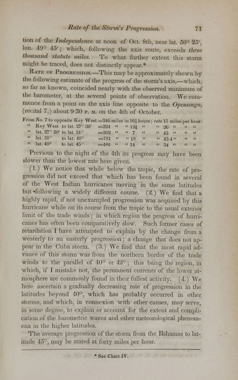 tion of the Independence at noon of Oct. 8th, near lat. 50° 25', Ion. 49° 45'; which, following the axis route, exceeds three thousand statute miles. To what further extent this storm might be traced, does not distinctly appear.* Rate of Progression.—This may be approximately shown by the following estimate of the progress of the storm's axis,—which, so far as known, coincided nearly with the observed minimum of the barometer, at the several points of observation. We com- mence from a point on the axis line opposite to the Openango, (recital 7,) about 9-30 p. m. on the 4th of October. From No. 7 to opposite Key West =246 miles in 16£ hours; rate 15 miles per hour.  Key West to lat. 27° 30' =324   12£   26     lat. 27° 30' to lat. 31° =302   7   43  « «  lat. 31° to lat. 40° =781  18   43-4    lat. 40° to lat. 45° =480   14   34   « Previous to the night of the 4th its progress may have been slower than the lowest rate here given. (1.) We notice that while below the tropic, the rate of pro- gression did not exceed that which has been found in several of the West Indian hurricanes moving in the same latitudes but •following a widely different course. (2.) We find that a highly rapid, if not unexampled progression was acquired by this hurricane while on its course from the tropic to the usual exterior limit of the trade winds ; in which region the progress of hurri- canes has often been comparatively slow. Such former cases of retardation I have attempted to explain by the change from a westerly to an easterly progression; a change that does not ap- pear in the Cuba storm. (3.) We find that the most rapid ad- vance of this storm was from the northern border of the trade winds to the parallel of 40° or 42°; this being the region, in which, if I mistake not, the permanent currents of the lower at- mosphere are commonly found in their fullest activity. (4.) We here ascertain a gradually decreasing rate of progression in the latitudes beyond 40°, which has probably occurred in other storms, and which, in connexion with other causes, may serve, in some degree, to explain or account for the extent and compli- cation of the barometric waves and other meteorological phenom- ena in the higher latitudes. The average progression of the storm from the Bahamas to lat- itude 45°, may be stated at forty miles per hour. • See Chart IV.