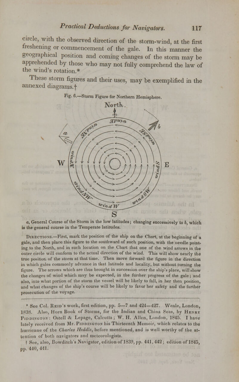 circle, with the observed direction of the storm-wind, at the first freshening or commencement of the gale. In this manner the geographical position and coming changes of the storm may be apprehended by those who may not fully comprehend the law of the wind's rotation.* These storm figures and their uses, may be exemplified in the annexed diagrams, f Fig. 6.—Storm Figure for Northern Hemisphere. North,. £ B a, General Course of the Storm in the low latitudes; changing successively to b, which is the general course in the Temperate latitudes. Directions.—First, mark the position of the ship on the Chart, at the beginning of a gale, and then place this figure to the southward of such position, with the needle point- ing to the North, and in such location on the Chart that one of the wind arrows in the outer circle will conform to the actual direction of the wind. This will show nearly the true position of the storm at that time. Then move forward the figure in the direction in which gales commonly advance in that latitude and locality, but without turning the figure. The arrows which are thus brought in succession over the ship's place, will show the changes of wind which may be expected, in the further progress of the gale; and also, into what portion of the storm the vessel will be likely to fall, in her then position, and what changes of the ship's course will be likely to favor her safety and the further prosecution of the voyage. * See Col. Reid's work, first edition, pp. 5—7 and 424—427. Weale, London, 1833. Also, Horn Book of Storms, for the Indian and China Seas, by Henry Piddington: Ostell & Lepage, Calcutta; W. H. Allen, London, 1845. I have lately received from Mr. PmniNGTON his Thirteenth Memoir, which relates to the hurricane of the Charles Hcddle, before mentioned, and is well worthy of the at- tention of both navigators and meteorologists. t Sec, also, Bowditch's Navigator, edition of 1839, pp. 441,442; edition of 1845, pp. 440, 441.