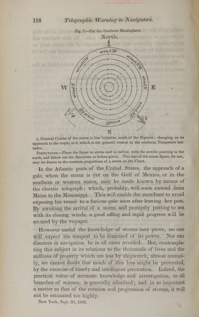 Fig. 7.—For the Southern Hemisphere. North, a, General Course of the storm in low latitudes, south of the Equator; changing, on its approach to the tropic, to b, which is the general course in the southern Temperate lati- tudes. Directions. Place the figure or storm card as before, with the needle pointing to the north, and follow out the directions as before given. The size of the storm figure, for use, may be drawn to the common proportions of a storm on the Chart. In the Atlantic ports of the United States, the approach of a o-ale, when the storm is yet on the Gulf of Mexico, or in the southern or western states, may be made known by means of the electric telegraph; which, probably, will soon extend from Maine to the Mississippi. This will enable the merchant to avoid exposing his vessel to a furious gale soon after leaving her port. By awaiting the arrival of a storm and promptly putting to sea with its closing winds, a good offing and rapid progress will be secured by the voyager. However useful the knowledge of storms may prove, no one will expect the tempest to be disarmed of its power. Nor can disasters in navigation be in all cases avoided. But, contempla- ting this subject in its relations to the thousands of lives and the millions of property which are lost by shipwreck, almost annual- ly, we cannot doubt that much of this loss might be prevented, by the exercise of timely and intelligent precaution. Indeed, the practical value of accurate knowledge and investigation, in all branches of science, is generally admitted; and in so important a matter as that of the rotation and progression of storms, it will not be estimated too highly. New York. Sept. 2d, 1846.