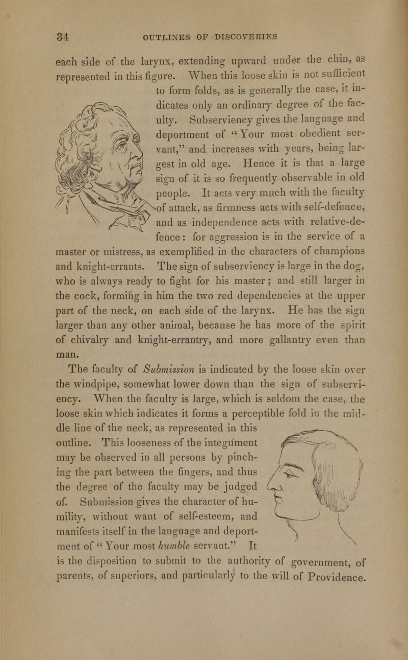 each side of the larynx, extending upward under the chin, as represented in this figure. When this loose skin is not sufficient to form folds, as is generally the case, it in- dicates only an ordinary degree of the fac- ulty. Subserviency gives the language and deportment of Your most obedient ser- vant, and increases with years, being lar- gest in old age. Hence it is that a large sign of it is so frequently observable in old people. It acts very much with the faculty gr^Nof attack, as firmness acts with self-defence, <^Cp and as independence acts with relative-de- fence : for aggression is in the service of a master or mistress, as exemplified in the characters of champions and knight-errants. The sign of subserviency is large in the dog, who is always ready to fight for his master; and still larger in the cock, forming in him the two red dependencies at the upper part of the neck, on each side of the larynx. He has the sign larger than any other animal, because he has more of the spirit of chivalry and knight-errantry, and more gallantry even than man. The faculty of Submission is indicated by the loose skin over the windpipe, somewhat lower down than the sign of subservi- ency. When the faculty is large, which is seldom the case, the loose skin which indicates it forms a perceptible fold in the mid- dle line of the neck, as represented in this outline. This looseness of the integument may be observed in all persons by pinch- ing the part between the fingers, and thus the degree of the faculty may be judged of. Submission gives the character of hu- mility, without want of self-esteem, and manifests itself in the language and deport- ment of  Your most humble servant. It is the disposition to submit to the authority of government, of parents, of superiors, and particularly to the will of Providence.