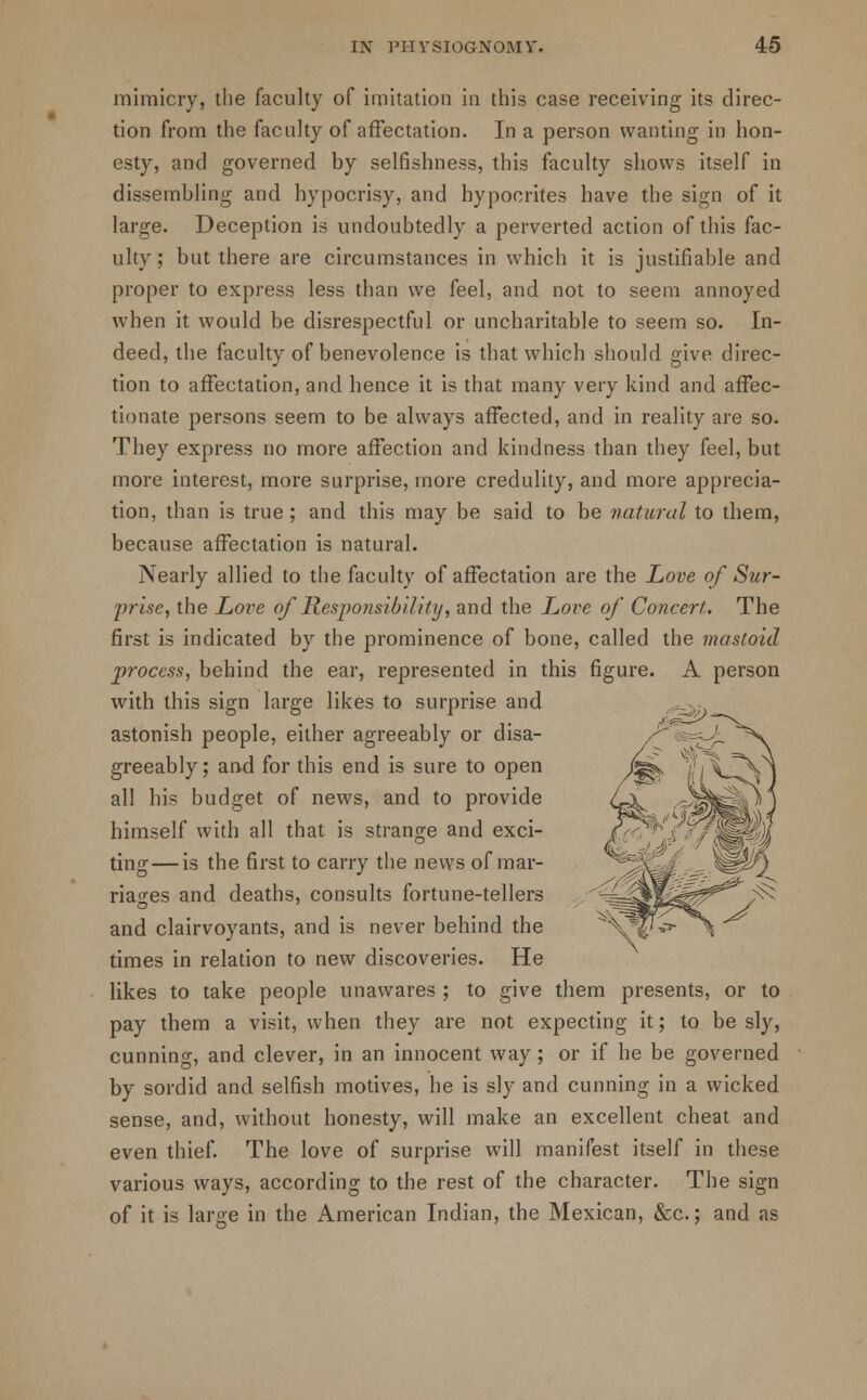 mimicry, the faculty of imitation in this case receiving its direc- tion from the faculty of affectation. In a person wanting in hon- esty, and governed by selfishness, this faculty shows itself in dissembling and hypocrisy, and hypocrites have the sign of it large. Deception is undoubtedly a perverted action of this fac- ulty; but there are circumstances in which it is justifiable and proper to express less than we feel, and not to seem annoyed when it would be disrespectful or uncharitable to seem so. In- deed, the faculty of benevolence is that which should give direc- tion to affectation, and hence it is that many very kind and affec- tionate persons seem to be always affected, and in reality are so. They express no more affection and kindness than they feel, but more interest, more surprise, more credulity, and more apprecia- tion, than is true; and this may be said to be natural to them, because affectation is natural. Nearly allied to the faculty of affectation are the Love of Sur- prise, the Love of Responsibility, and the Love of Concert. The first is indicated by the prominence of bone, called the mastoid process, behind the ear, represented in this figure. A person with this sign large likes to surprise and astonish people, either agreeably or disa- greeably ; and for this end is sure to open all his budget of news, and to provide himself with all that is strange and exci- ting— is the first to carry the news of mar- riages and deaths, consults fortune-tellers and clairvoyants, and is never behind the times in relation to new discoveries. He likes to take people unawares ; to give them presents, or to pay them a visit, when they are not expecting it; to be sly, cunning, and clever, in an innocent way ; or if he be governed by sordid and selfish motives, he is sly and cunning in a wicked sense, and, without honesty, will make an excellent cheat and even thief. The love of surprise will manifest itself in these various ways, according to the rest of the character. The sign of it is large in the American Indian, the Mexican, &c.; and as