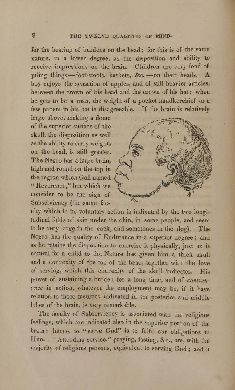 for the bearing of burdens on the head; for this is of the same nature, in a lower degree, as the disposition and ability to receive impressions on the brain. Children are very fond of piling things — foot-stools, baskets, &c.—on their heads. A boy enjoys the sensation of apples, and of still heavier articles, between the crown of his head and the crown of his hat: when he gets to be a man, the weight of a pocket-handkerchief or a few papers in his hat is disagreeable. If the brain is relatively large above, making a dome of the superior surface of the skull, the disposition as well as the ability to carry weights on the head, is still greater. The Negro has a large brain, high and round on the top in the region which Gall named  Reverence, but which we consider to be the sign of Subserviency (the same fac- ulty which in its voluntary action is indicated by the two longi- tudinal folds of skin under the chin, in some people, and seem to be very large in the cock, and sometimes in the dog). The Negro has the quality of Endurance in a superior degree; and as he retains the disposition to exercise it physically, just as is natural for a child to do, Nature has given him a thick skull and a convexity of the top of the head, together with the love of serving, which this convexity of the skull indicates. His power of sustaining a burden for a long time, and of continu- ance in action, whatever the employment may be, if it have relation to those faculties indicated in the posterior and middle lobes of the brain, is very remarkable. The faculty of Subserviency is associated with the relifious feelings, which are indicated also in the superior portion of the brain : hence, to  serve God is to fulfil our obligations to Him.  Attending service, praying, fasting, &c, are, with the majority of religious persons, equivalent to serving God; and it