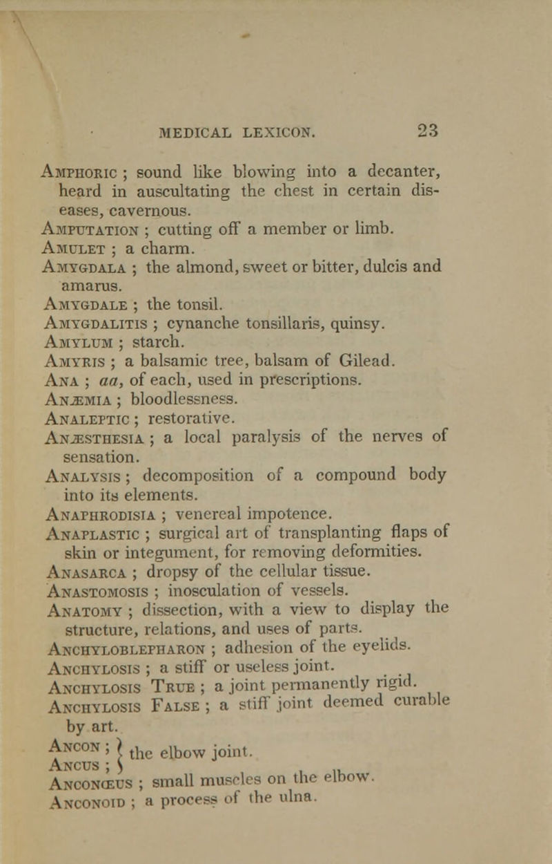 Amphoric ; sound like blowing into a decanter, heard in auscultating the chest in certain dis- eases, cavernous. Amputation ; cutting off a member or limb. Amulet ; a charm. Amygdala ; the almond, sweet or bitter, dulcis and amarus. Amygdale ; the tonsil. Amygdalitis ; cynanche tonsillaris, quinsy. Amylum ; starch. Amyris ; a balsamic tree, balsam of Gilead. Ana ; aa, of each, used in prescriptions. Anemia ; bloodlessness. Analeptic ; restorative. Anesthesia ; a local paralysis of the nerves of sensation. Analysis ; decomposition of a compound body into its elements. Anaphrodisia ; venereal impotence. Anaplastic ; surgical art of transplanting flaps of skin or integument, for removing deformities. Anasarca ; dropsy of the cellular tissue. Anastomosis ; inosculation of vessels. Anatomy ; dissection, with a view to display the structure, relations, and uses of parts. Anciiyloblepharon ; adhesion of the eyelids. Anchylosis ; a stiff or useless joint. Anchylosis True ; a joint permanently ngid. Anchylosis False ; a stiff joint deemed curable by art. Ancon ; > thc elbcw joint Ancus ; S ,, Anconceus ; small muscles on the elbow. Anconoid ; a process of the ulna.