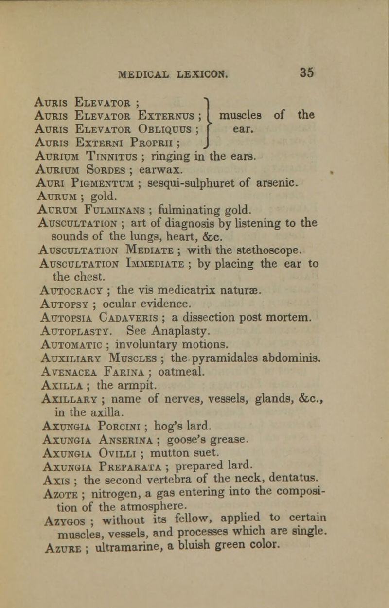 Auris Elevator ; J Auris Elevator Externus ; I muscles of the Auris Elevator Obliquus ; | ear. Auris Externi Proprii ; J Aurium Tinnitus ; ringing in the ears. Aurium Sordes ; earwax. Auri Pigmentum ; sesqui-sulphuret of arsenic. Aurum ; gold. Aurum Fulminans ; fulminating gold. Auscultation ; art of diagnosis by listening to the sounds of the lungs, heart, &c. Auscultation Mediate ; with the stethoscope. Auscultation Immediate ; by placing the ear to the chest. Autocracy ; the vis medicatrix naturae. Autopsy ; ocular evidence. Autopsia Cadaveris ; a dissection post mortem. Autoplasty. See Anaplasty. Automatic ; involuntary motions. Auxiliary Muscles; the pyramidales abdominis. Avenacea Farina ; oatmeal. Axilla ; the armpit. Axillary ; name of nerves, vessels, glands, &c, in the axilla. Axungia Porcini ; hog's lard. Axungia Anserina ; goose's grease. Axungia Ovilli ; mutton suet. Axungia Preparata ; prepared lard. Axis ; the second vertebra of the neck, dentatus. Azote ; nitrogen, a gas entering into the composi- tion of the atmosphere. Azygos ; without its fellow, applied to certain muscles, vessels, and processes which are single. Azure ; ultramarine, a bluish green color.