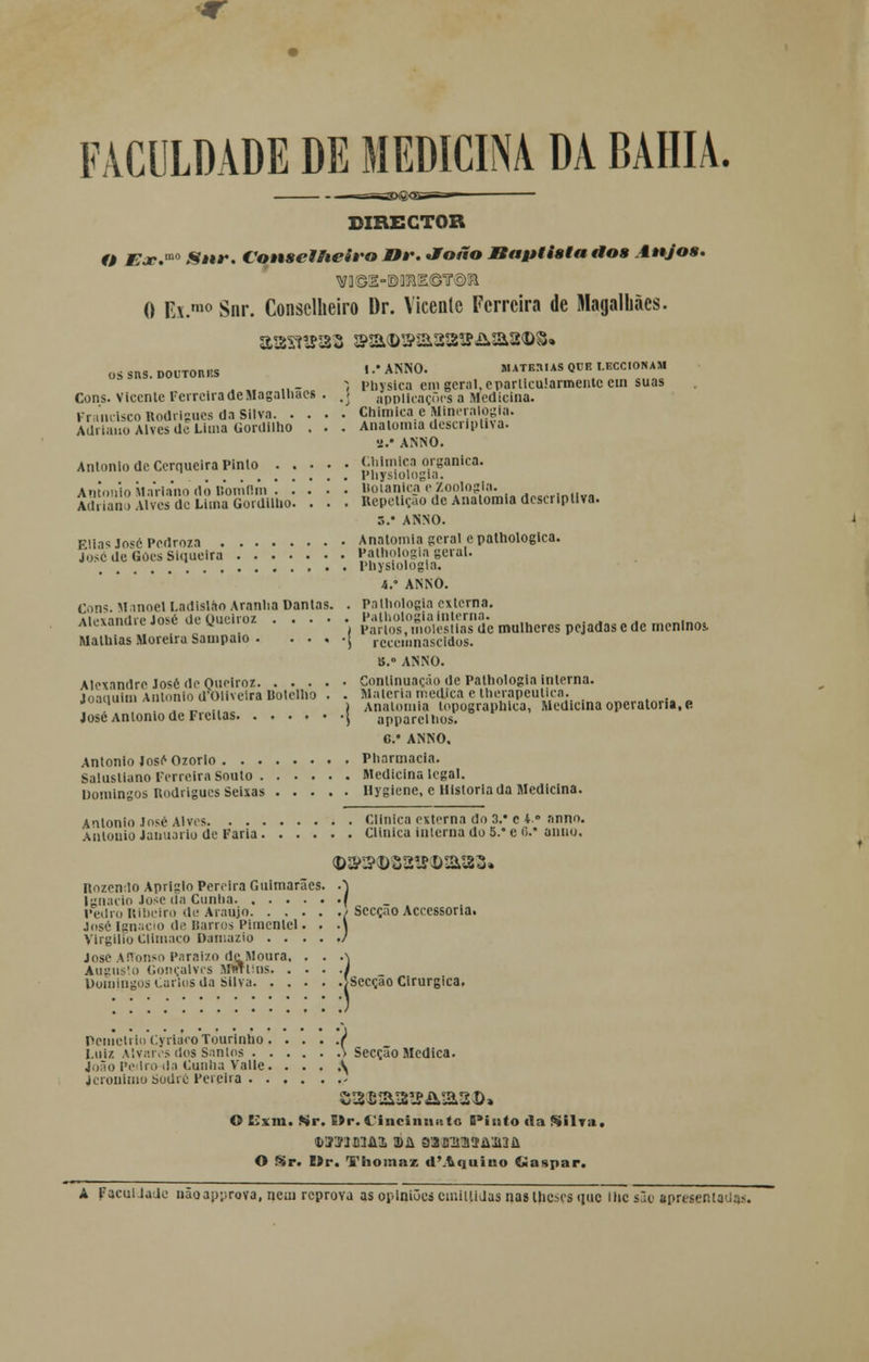 FACULDADE DE MEDICINA DA BAHIA. DIRECTOR O MZjc.™ Sar. Conselheiro J9r. Jíoão Baptista tios Anjos. 0 Ex.10 Snr. Conselheiro Dr. Vicente Ferreira de Magalhães. OSSUS.DOUTOR.ÍS l.-ANNO. MATBHIAS QBE LBCCIOBAH ; physica cm geral, cparlicuiarmente em suas Cons. Vicente Ferreira de Magalliaes . ,j apDlicaçõcs a Medicina. Francisco Rodrigues da Silva Çhimica e Mineralogia. Adriano Alves de Uma Gordilho . . . Anatomia descriptiva. ».• ANISO. António de Cerqueira Pinto Chlmfca orgânica. Anini.iíi \iiVi.ino dò Bomflm boianlca e Zoologia. MKo^lvc^^ . • . Repetição de Anatomia descripliva. 3.* ANNO. Elias José Pedroza Anatomia geral cpathologica. José de Gôcs Siqueira Pathologla geral. Physiologia. 4.' ANNO. Cons. Manoel Ladislao Aranha Dantas. . Palhologla externa. tii>Yitwii-p Jnsé do, Ouciroz Palhologia interna. Alcxanaicjoseutyuuioí , Partos, moléstias de mulheres pejadas e de meninos. Matliias Moreira Sampaio \ ,Ctemnaseidos. B.° ANNO. Alexandre José de Queiroz Continuação de Palhologia interna. Joaquim António dWivelra Botelho . . Maierla medica etherapeuUca. . J ' ' „ ,. > Anatomia lopographlca, Medicina operatória, e José António de Freitas { apparelhos. C* ANNO. António José Ozorio Pharmacia. Salusliano Ferreira Souto Medicina legal. Domingos Rodrigues Seixas Hygiene, e Historiada Medicina. António José Alves Clinica externa do 3.* c *.« nnnn. António Januário de Faria Clinica interna do 5.' e 0.' anuo. (DJP£?<E>SS1?<D&3§« Rozenlo Apriglo Pereira Guimarães. .) Ignacio José da Cunha / Pedro Ribeiro de Araújo / Secção Acccssona. José Ignacio de Barros Pimentel • . -\ Virgílio Cllniaco Damazio / José ArTonso Paraizo dejlloura, . . .n Augusto Gonçalves Mmtins f Domingos Carlos da Silva [Secção Cirúrgica, Pcmclrio Cyriaro Tourinbo ( Luiz Alvares dos Santos \ Secção Medica. João Pcilro-da Cunha Valle \ Jerónimo SodrC Pereira ... © l!.im. Sr. £>r. Cincinuato (Pinto da Silra. dSTJBlJAl !D& 93BTi3ÍA-Ji31i O Sr. E>r. Thomaz d'.&quii:n Gaspar. A FacuUadc nãoapprova, qem reprova as opiniões cniiiudas nastheses que lhe são apresentadas.