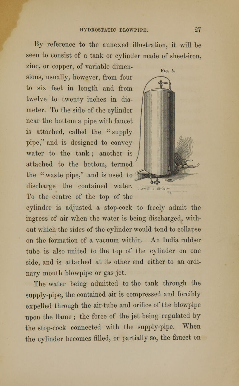 Fig. 5. By reference to the annexed illustration, it will be seen to consist of a tank or cylinder made of sheet-iron, zinc, or copper, of variable dimen- sions, usually, however, from four to six feet in length and from twelve to twenty inches in dia- meter. To the side of the cylinder near the bottom a pipe with faucet is attached, called the  supply pipe, and is designed to convey water to the tank; another is attached to the bottom, termed the waste pipe, and is used to discharge the contained water. ' Fly To the centre of the top of the cylinder is adjusted a stop-cock to freely admit the ingress of air when the water is being discharged, with- out which the sides of the cylinder would tend to collapse on the formation of a vacuum within. An India rubber tube is also united to the top of the cylinder on one side, and is attached at its other end either to an ordi- nary mouth blowpipe or gas jet. The water being admitted to the tank through the supply-pipe, the contained air is compressed and forcibly expelled through the air-tube and orifice of the blowpipe upon the flame; the force of the jet being regulated by the stop-cock connected with the supply-pipe. When the cylinder becomes filled, or partially so, the faucet on