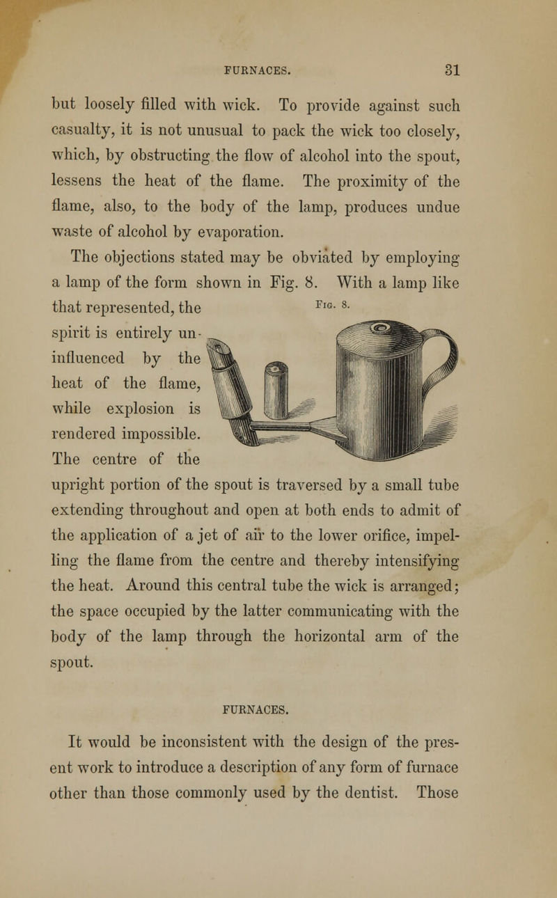 Fig. 8. but loosely filled with wick. To provide against such casualty, it is not unusual to pack the wick too closely, which, by obstructing the flow of alcohol into the spout, lessens the heat of the flame. The proximity of the flame, also, to the body of the lamp, produces undue waste of alcohol by evaporation. The objections stated may be obviated by employing a lamp of the form shown in Fig. 8. With a lamp like that represented, the spirit is entirely un- influenced by the heat of the flame, while explosion is rendered impossible. The centre of the upright portion of the spout is traversed by a small tube extending throughout and open at both ends to admit of the application of a jet of air to the lower orifice, impel- ling the flame from the centre and thereby intensifying the heat. Around this central tube the wick is arranged; the space occupied by the latter communicating with the body of the lamp through the horizontal arm of the spout. FURNACES. It would be inconsistent with the design of the pres- ent work to introduce a description of any form of furnace other than those commonly used by the dentist. Those