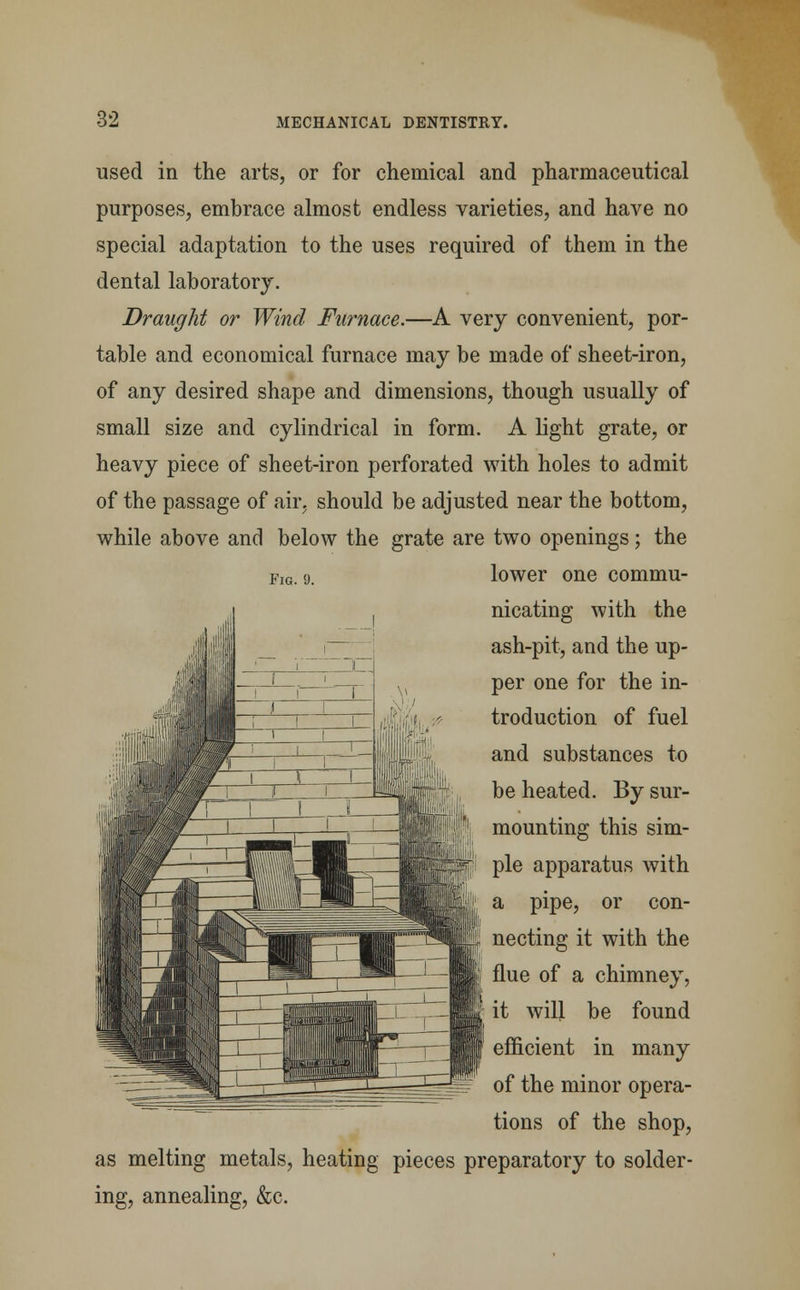 Eig. 9. used in the arts, or for chemical and pharmaceutical purposes, embrace almost endless varieties, and have no special adaptation to the uses required of them in the dental laboratory. Draught or Wind Furnace.—A very convenient, por- table and economical furnace may be made of sheet-iron, of any desired shape and dimensions, though usually of small size and cylindrical in form. A light grate, or heavy piece of sheet-iron perforated with holes to admit of the passage of air. should be adjusted near the bottom, while above and below the grate are two openings; the lower one commu- nicating with the ash-pit, and the up- per one for the in- troduction of fuel and substances to be heated. By sur- mounting this sim- ple apparatus with a pipe, or con- necting it with the flue of a chimney, it will be found efficient in many of the minor opera- tions of the shop, as melting metals, heating pieces preparatory to solder- ing, annealing, &c.