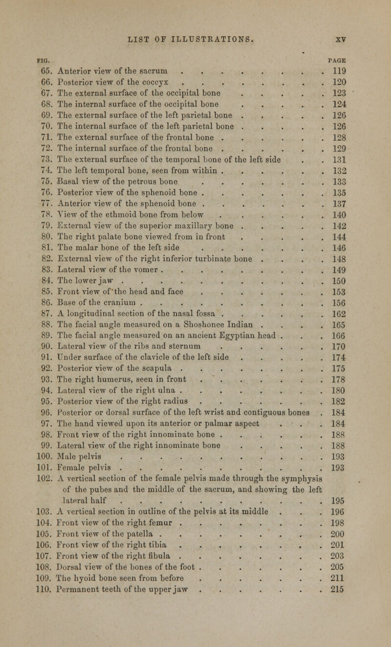 FIG. 65. 66. 67. 68. 69. 70. 71. 72. 73. 74. 75. 76. 77. 78. 79. 80. 81. 82. 83. 84. 85. 86. 87. 88. 89. 90. 91. 92. 93. 94. 95. 96. 97. 98. 99. 100. 101. 102. 103. 104. 105. 100. 107. 108. 109. 110. side Anterior view of the sacrum Posterior view of the coccyx The external surface of the occipital bone The internal surface of the occipital bone The external surface of the left parietal bone The internal surface of the left parietal bone The external surface of the frontal bone . The internal surface of the frontal bone . The external surface of the temporal bone of the left The left temporal bone, seen from within . Basal view of the petrous bone Posterior view of the sphenoid bone . Anterior view of the sphenoid bone . View of the ethmoid bone from below External view of the superior maxillary bone . The right palate bone viewed from in front The malar bone of the left side External view of the right inferior turbinate bone Lateral view of the vomer . The lower jaw Front view of'the head and face Base of the cranium .... A longitudinal section of the nasal fossa The facial angle measured on a Shoshonee Indian The facial angle measured on an ancient Egyptian head Lateral view of the ribs and sternum Under surface of the clavicle of the left side Posterior view of the scapula . The right humerus, seen in front . ' . Lateral view of the right ulna . Posterior view of the right radius Posterior or dorsal surface of the left wrist and contiguous bon The hand viewed upon its anterior or palmar aspect Front view of the right innominate bone . Lateral view of the right innominate bone Male pelvis Female pelvis . A vertical section of the female pelvis made through the symphysis of the pubes and the middle of the sacrum, and showing the left lateral half A vertical section in outline of the pelvis at its middle Front view of the right femur . Front view of the patella . Front view of the right tibia Front view of the right fibula . Dorsal view of the bones of the foot The hyoid bone seen from before Permanent teeth of the upper jaw PAGE 119 120 123 124 126 126 128 129 131 132 133 135 137 140 142 144 146 148 149 150 153 156 162 165 166 170 174 175 178 180 182 184 184 188 188 193 193 195 196 198 200 201 203 205 211 215