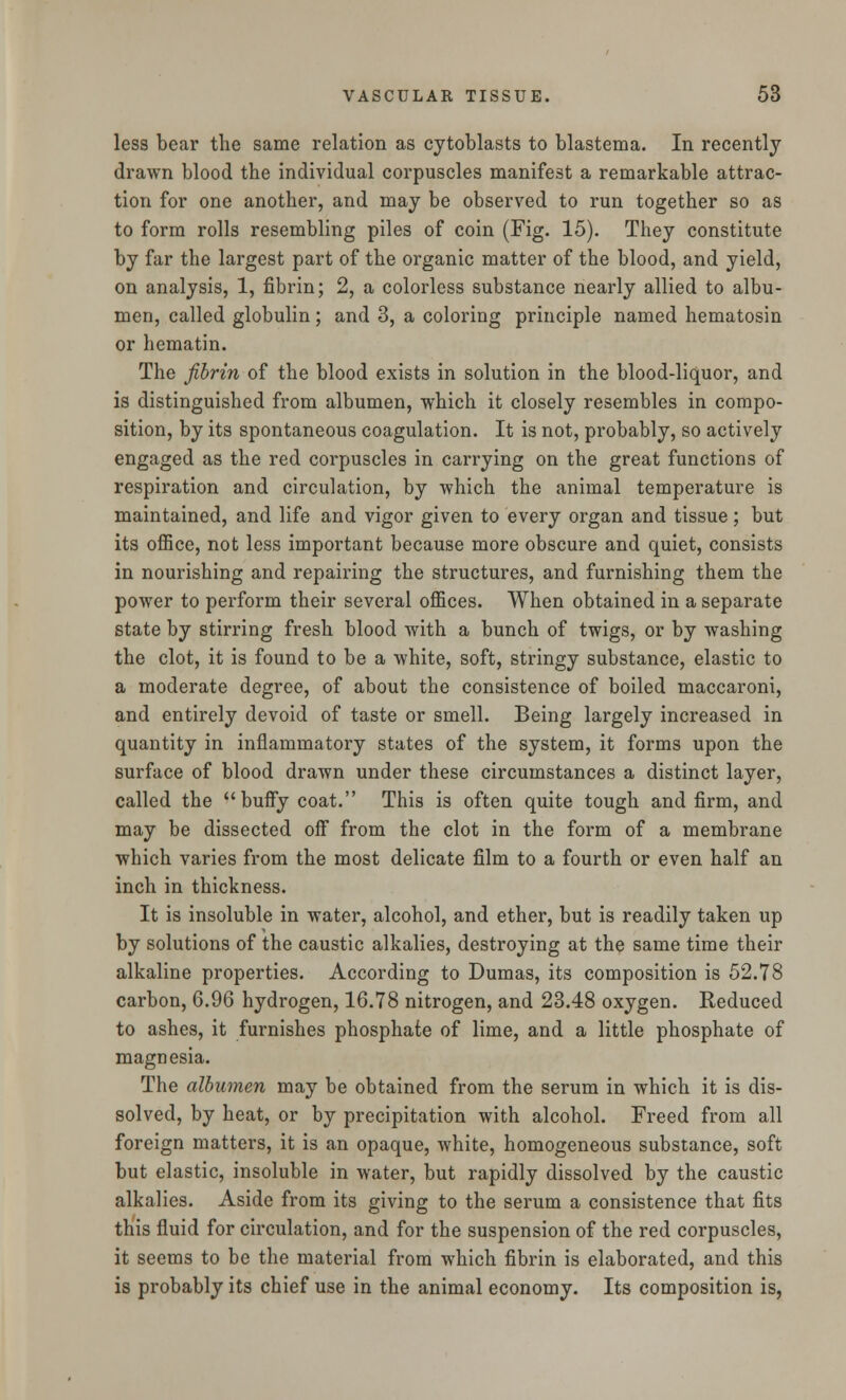 less bear the same relation as cytoblasts to blastema. In recently drawn blood the individual corpuscles manifest a remarkable attrac- tion for one another, and may be observed to run together so as to form rolls resembling piles of coin (Fig. 15). They constitute by far the largest part of the organic matter of the blood, and yield, on analysis, 1, fibrin; 2, a colorless substance nearly allied to albu- men, called globulin; and 3, a coloring principle named hematosin or hematin. The fibrin of the blood exists in solution in the blood-liquor, and is distinguished from albumen, which it closely resembles in compo- sition, by its spontaneous coagulation. It is not, probably, so actively engaged as the red corpuscles in carrying on the great functions of respiration and circulation, by which the animal temperature is maintained, and life and vigor given to every organ and tissue; but its office, not less important because more obscure and quiet, consists in nourishing and repairing the structures, and furnishing them the power to perform their several offices. When obtained in a separate state by stirring fresh blood with a bunch of twigs, or by washing the clot, it is found to be a white, soft, stringy substance, elastic to a moderate degree, of about the consistence of boiled maccaroni, and entirely devoid of taste or smell. Being largely increased in quantity in inflammatory states of the system, it forms upon the surface of blood drawn under these circumstances a distinct layer, called the  buffy coat. This is often quite tough and firm, and may be dissected off from the clot in the form of a membrane which varies from the most delicate film to a fourth or even half an inch in thickness. It is insoluble in water, alcohol, and ether, but is readily taken up by solutions of the caustic alkalies, destroying at the same time their alkaline properties. According to Dumas, its composition is 52.78 carbon, 6.96 hydrogen, 16.78 nitrogen, and 23.48 oxygen. Reduced to ashes, it furnishes phosphate of lime, and a little phosphate of magnesia. The albumen may be obtained from the serum in which it is dis- solved, by heat, or by precipitation with alcohol. Freed from all foreign matters, it is an opaque, white, homogeneous substance, soft but elastic, insoluble in water, but rapidly dissolved by the caustic alkalies. Aside from its giving to the serum a consistence that fits this fluid for circulation, and for the suspension of the red corpuscles, it seems to be the material from which fibrin is elaborated, and this is probably its chief use in the animal economy. Its composition is,