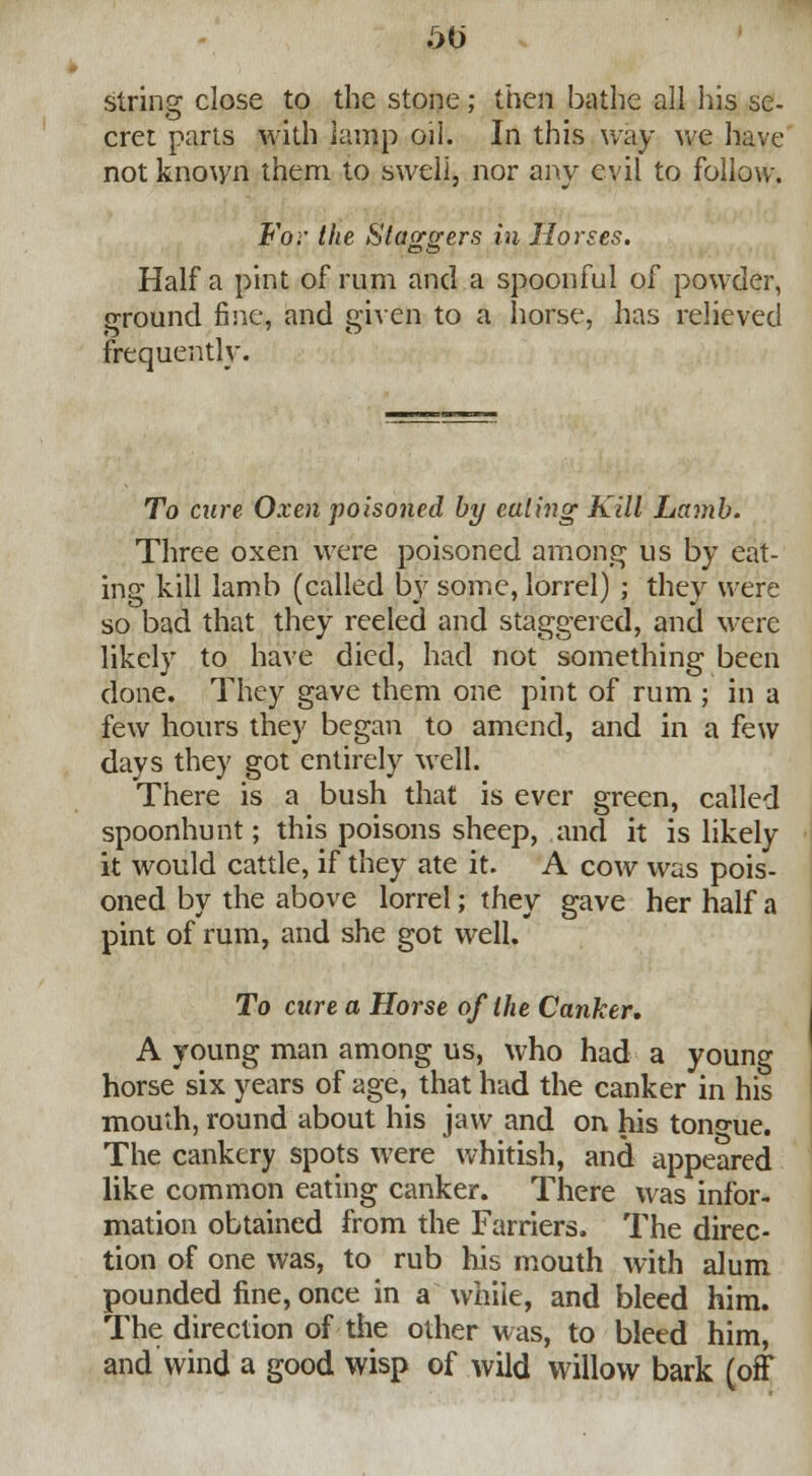 5U string close to the stone; then bathe all his se- cret parts with lamp oil. In this way we have not known them to swell, nor any evil to follow. For the Staggers in Horses. Half a pint of rum and a spoonful of powder, ground fine, and given to a horse, has relieved frequently. To cure Oxen poisoned by eating Kill Lamb. Three oxen were poisoned among us by eat- ing kill lamb (called by some, lorrel) ; they were so bad that they reeled and staggered, and were likely to have died, had not something been done. They gave them one pint of rum ; in a few hours they began to amend, and in a few days they got entirely well. There is a bush that is ever green, called spoonhunt; this poisons sheep, and it is likely it would cattle, if they ate it. A cow was pois- oned by the above lorrel; they gave her half a pint of rum, and she got well. To cure a Horse of the Canker. A young man among us, who had a young horse six years of age, that had the canker in his mouth, round about his jaw and on his ton<me. The cankery spots were whitish, and appeared like common eating canker. There was infor- mation obtained from the Farriers. The direc- tion of one was, to rub his mouth with alum pounded fine, once in a whiie, and bleed him. The direction of the other was, to bleed him, and wind a good wisp of wild willow bark (off