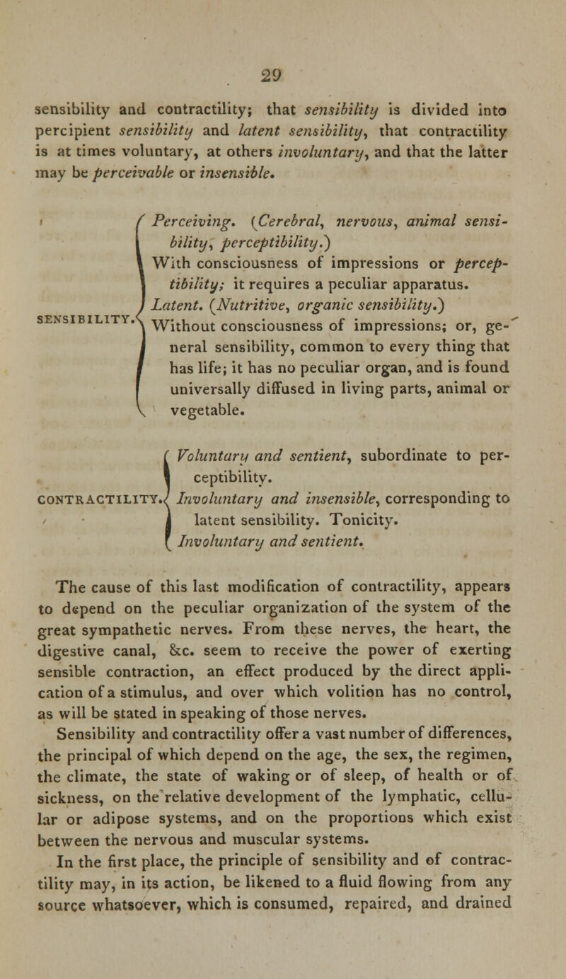 sensibility and contractility; that sensibility is divided into percipient sensibility and latent sensibility, that contractility is at times voluntary, at others involuntary, and that the latter may be perceivable or insensible* Perceiving. (Cerebral, nervous, animal sensi- bility, perceptibility.} With consciousness of impressions or percep- tibility; it requires a peculiar apparatus. Latent. {Nutritive, organic sensibility.} Without consciousness of impressions; or, ge-' neral sensibility, common to every thing that has life; it has no peculiar organ, and is found universally diffused in living parts, animal or vegetable. SENSIBILITY/ Voluntary and sentient^ subordinate to per- ceptibility. contractility./ Involuntary and insensible, corresponding to latent sensibility. Tonicity. Involuntary and sentient. The cause of this last modification of contractility, appears to depend on the peculiar organization of the system of the great sympathetic nerves. From these nerves, the heart, the digestive canal, &c. seem to receive the power of exerting sensible contraction, an effect produced by the direct appli- cation of a stimulus, and over which volition has no control, as will be stated in speaking of those nerves. Sensibility and contractility offer a vast number of differences, the principal of which depend on the age, the sex, the regimen, the climate, the state of waking or of sleep, of health or of sickness, on the relative development of the lymphatic, cellu- lar or adipose systems, and on the proportions which exist between the nervous and muscular systems. In the first place, the principle of sensibility and of contrac- tility may, in its action, be likened to a fluid flowing from any source whatsoever, which is consumed, repaired, and drained