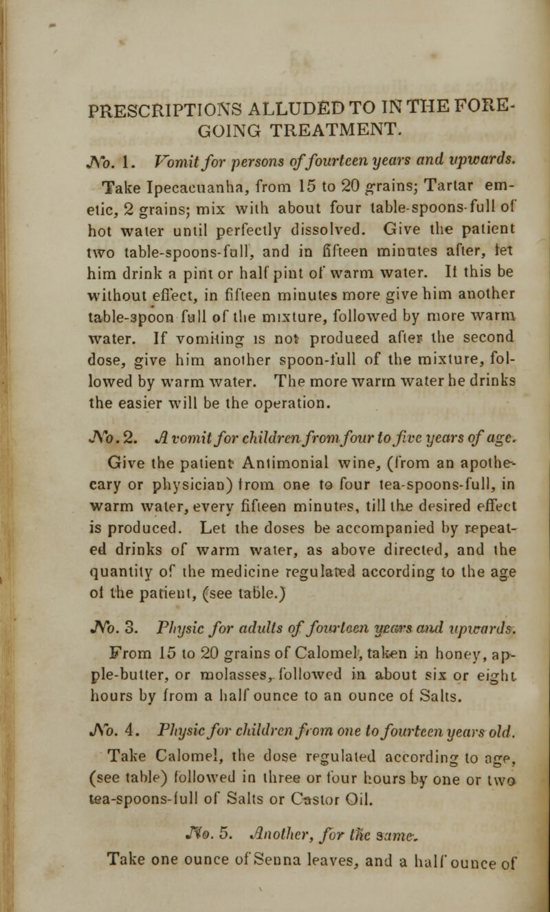 PRESCRIPTIONS ALLUDED TO IN THE FORE- GOING TREATMENT. JS'o. 1. Vomit for persons of fourteen years and upwards. Take Ipecacuanha, from 15 to 20 grains; Tartar em- etic, 2 grains; mix with about four table-spoons-full of hot water until perfectly dissolved. Give the patient two table-spoons-fall, and in fifteen minutes after, let him drink a pint or half pint of warm water. II this be without effect, in fifteen minutes more give him another table-3poon full of the mixture, followed by more warm water. If vomiting is not produeed after the second dose, give him another spoon-full of the mixture, fol- lowed by warm water. The more warm water he drinks the easier will be the operation. Ao. 2. A vomit for children from four to five years of age. Give the patient Antimonial wine, (from an apothe- cary or physician) from one to four tea-spoons-full, in warm water, every fifteen minutes, till the desired effect is produced. Let the doses be accompanied by repeat- ed drinks of warm water, as above directed, and the quantity of the medicine regulated according to the age oi the patient, (see table.) JYb. 3. Physic for adults of fourteen years and upicards. From [5 to 20 grains of Calomel, taken in honey, ap- ple-butter, or molasses, followed in about six or eight hours by from a half ounce to an ounce of Salts. JYo. 4. Physic for children from one to fourteen years old. Take Calomel, the dose regulated according to age, (see table) followed in three or four hours by one or two tea-spoons-full of Salts or Castor Oil. J%&. 5. Another, for the same. Take one ounce of Senna leaves, and a half ounce of