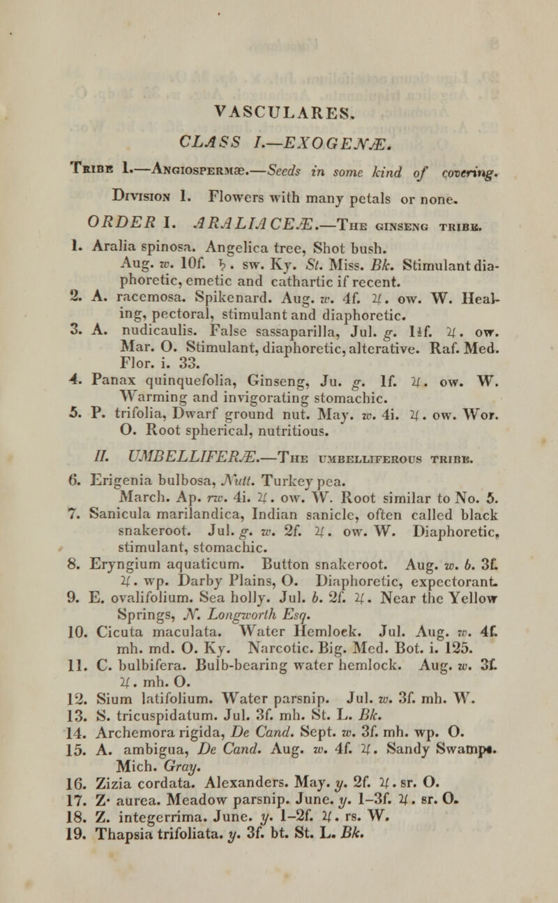 VASCULARES. CLASS I.—EXOGEJYAZ. Tribe 1.—AngiospermcB.—Seeds in some kind of covering. Division 1. Flowers with many petals or none. ORDER I. ARALIACE.E.—The ginseng tribe. 1. Aralia spinosa. Angelica tree, Shot bush. Aug. w. lOf. ^>. sw. Ky. St. Miss. Bk. Stimulant dia- phoretic, emetic and cathartic if recent. 2. A. racemosa. Spikenard. Aug. to, 4f. U. ow. W. Heal- ing, pectoral, stimulant and diaphoretic. 3. A. nudicaulis. False sassaparilla, Jul. g. l£f. 11. ow. Mar. O. Stimulant, diaphoretic, alterative. Raf. Med. Flor. i. 33. 4. Panax quinquefolia, Ginseng, Ju. g. If. H. ow. W. Warming and invigorating stomachic. 5. P. trifolia, Dwarf ground nut. May. zo. 4i. U. ow. Wor. O. Root spherical, nutritious. //. UMBELLIFERAZ.—The umbelliferous tribe. 6. Erigenia bulbosa, Kuit. Turkey pea. March. Ap. no. 4i. 21. ow. W. Root similar to No. 5. 7. Sanicula marilandica, Indian saniclc, often called black snakeroot. Jul. g. w. 2f. 2/. ow. W. Diaphoretic, stimulant, stomachic. 8. Eryngium aquaticum. Button snakeroot. Aug. w. 6. 3f. II. wp. Darby Plains, O. Diaphoretic, expectorant 9. E. ovalifolium. Sea holly. Jul. b. 2£ H. Near the Yellow Springs, jX. Longu-orth Esq. 10. Cicuta maculata. Water Hemlock. Jul. Aug. w. 4C mh. md. O. Ky. Narcotic. Big. Med. Bot. i. 125. 11. C. bulbifera. Bulb-bearing water hemlock. Aug. a;. 3£ U. mh. O. 12. Sium latifolium. Water parsnip. Jul. w. 3f. mh. W. 13. S. tricuspidatum. Jul. 3f. mh. St. L. Bk. 14. Archemora rigida, De Cand. Sept. w. 3f. mh. wp. O. 15. A. ambigua, De Cand. Aug. w. 4f. 11. Sandy Swamp*. Mich. Gray. 16. Zizia cordata. Alexanders. May. y. 2f. 2/.sr. O. 17. Z* aurea. Meadow parsnip. June. y. l-3f. H. sr. O. 18. Z. integerrima. June. y. l-2f. II. rs. W. 19. Thapsia trifoliata. y. 3f. bt. St. L. Bk.