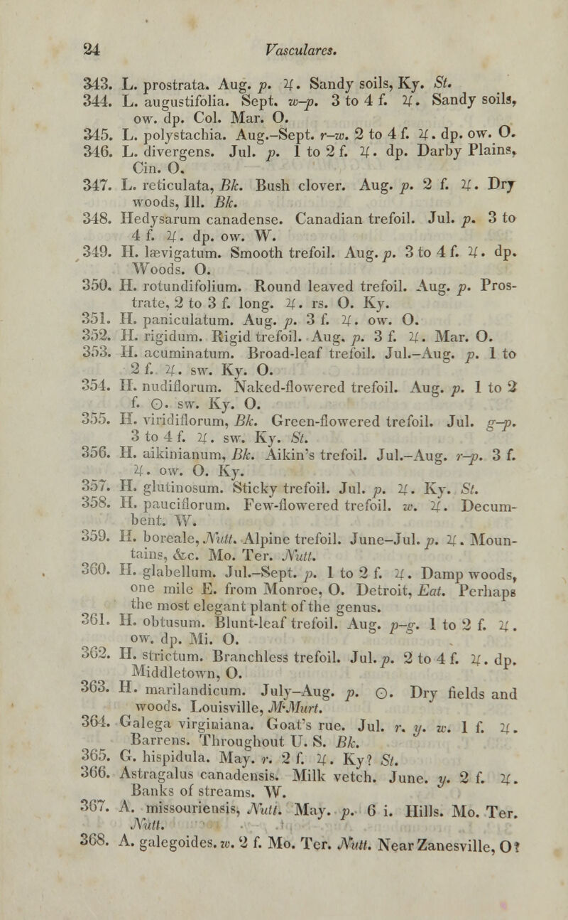 343. L. prostrata. Aug. p. 11. Sandy soils, Ky. St. 344. L. augustifolia. Sept. w-p. 3 to 4 f. 4. Sandy soils, ow. dp. Col. Mar. O. 345. L. polystachia. Aug.-Sept. r-w. 2 to 4 f. '4 • dp. ow. O. 346. L. divergcns. Jul. p. 1 to 2 f. 2f. dp. Darby Plains, Cin. O. 347. L. reticulata, Bk. Bush clover. Aug. p. 2 f. U. Dry woods, 111. Bk. 348. Hedysarum canadense. Canadian trefoil. Jul. p. 3 to 4 f. n. dp. ow. w. 349. H. lasvigatum. Smooth trefoil. Aug. p. 3 to 4 f. 21. dp. Woods. O. 350. H. rotundifolium. Round leaved trefoil. Aug. p. Pros- trate, 2 to 3 f. long. 21. rs. O. Ky. 351. H. paniculatum. Aug./?. 3 f. 21. ow. O. 352. H. rigidum. Rigid trefoil. Aug, p. 3 f. U. Mar. O. 353. H. acuminatum. Broad-leaf trefoil. Jul.-Aug. p. 1 to 2f. 21. sw. Ky. O. 354. II. nudiflorum. Naked-flowered trefoil. Aug. p. 1 to 2 f. O. sw. Ky. O. 355. H. viridiflorum, Bk. Green-fiowered trefoil. Jul. s-p. 3 to 4 f. n. sw. Ky. St. 356. H. aikinianum, Bk. Aikin's trefoil. Jul.-Aug. r-p. 3 f. U. ow. O. Ky. 357. H. glutinosum. Sticky trefoil. Jul. p. 24.. Ky. 6V. 358. H. pauciflorum. Few-flowered trefoil, w. 2±. Decum- bent. W. 359. II. boreale, Nutt. Alpine trefoil. June-Jul. p. 1[. ]\Ioun- tains, &c. Mo. Ter. MttL 360. H. glabellum. Jul.-Sept. p. 1 to 2 f. U. Damp woods, one mile E. from Monroe, O. Detroit, Eat. Perhaps the most elegant plant of the genus. 361. H. obtusum. Blunt-leaf trefoil. Aug. p-g. 1 to 2 f. 21. ow. dp. Mi. O. 362. H. strictum. Branchless trefoil. Jul. p. 2 to 4 f. 2f. dp Middletown, O. ' 363. H. marilandicum. July-Aug. p. Q. Dry fields and woods. Louisville, M-Mwrt. 364. Galega virgiuiana. Goafs rue. Jul. r. y. ioi If. H. Barrens. Throughout U. S. Bk. 365. G. hispidula. May. r. 2 f. U. Ky? St. 366. Astragalus canadensis. Milk vetch. June. y. 2 f. If. Banks of streams. W. 367. A. missouriensis, JYutti May. p. 6 i. Hills. Mo. Ter Mitt. 368. A. galegoides.zu. 2 f. Mo. Ter. Nutt. NearZanesville, O?
