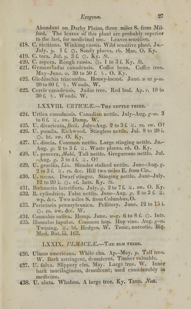 Abundant on Darby Plains, three miles S. from Mil- ford. The leaves of this plant are probably superior to the last, for medicinal use. Leaves sensitive. 418. C. nictitans. Winking cassia. Wild sensitive plant. Ju.- July. y. 1 f. 0. Sandy places, rb. Mar. O. Ky. 419. C. tora. Jul. y. 3 f. O- Ky. St. 420. C. aspera. Rough cassia. 0« 1 to 3 f. Ky. St. 421. Gymnocladus canadensis. Coffee bean. Coffee tree. May-June. w. 30 to 50 f. J?. O. Ky. 422. Gleditschia triacantha. Honey-locust. June, w or y-w. 20 to 60 f. *>. Woods. W. 423. Cercis canadensis. Judas tree. Red bud. Ap. r. 10 to 30 f. J?. Woods. W. LXXVIII. URTICE.E.—The nettle tribe. 424. Urtica canaduDsis. Canadian nettle. July-Aug. g-<w. 3 to 6 f. U. sw. Damp. W. 425. U. divaricata,£ecAr. July-Aug. 2 to 3 f. U. rs. sw. O? 426. U. pumila. Richweed. Stingless nettle. Jul. 8 to 20 i. O- bt. sw. O. Ky. 427. U. diocia. Common nettle. Large stinging nettle. Ju.- Aug. g. 2 to 3 f. 11. Waste places, rd. O. Ky. 428. U. procera, Muhl. Tall nettle. Gregareous nettle. Jul. -Aug. g. 3to4f. n. O? 429. U. gracilis, Lin. Slender stalked nettle. June-Aug. g. 2 to 3 f. 21. rs. <fcc. Hill two miles E. from Cin. 430. U. urens. Dwarf stinger. Stinging nettle. June-July. 12 to 20 i. O. cf. Intr. Ky. St. 431. Bcehmeria lateriflora. July. g. 2to7f. U. sw. O. Ky. 432. B. cylindrica. False nettle. June-Aug. g. 2 to 3 f. U. wp. &c. Two miles S. from Columbus, O. 433. Parietaria pennsylvanica. Pellitory. June. 12 to 15 i. O. rs. ow. &c. W. 434. Cannabis sativa. Hemp. June. w-g. 6 to 8 f. G>. Intr. 435. Humulus lupulus. Common hop. Hop vine. Aug. g-rv. Twining. U. bt. Hedges. W. Tonic, narcotic. Big. Med. Bot.iii. 163. LXXIX. ULMACEJE.—fiiv elm tribe. 436. Ulmus americana. White elm. Ap.-May. p. Tall tree. W. Bark astringent, demulcent. Timber valuable. 437. U. fulva. Slippery elm. May. Large tree. W. Inner bark mucilaginous, demulcent; used considerably in medicine. 438. U. alata. Whahoo. A large tree. Ky. Tenn. mat.