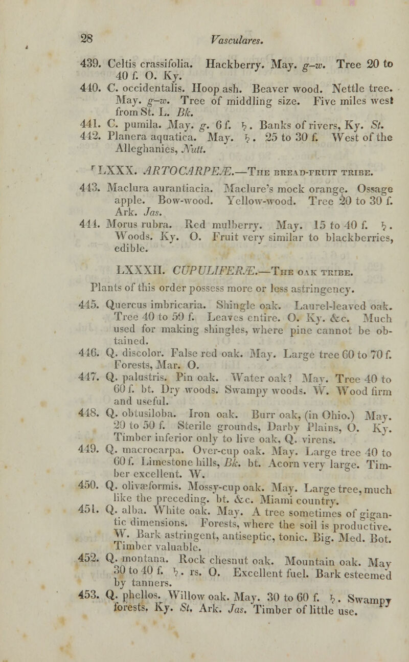 439. Celtis crassifolia. Hackberry. May. g-w. Tree 20 to 40 f. O. Ky. 440. C. occidentalis. Hoop ash. Beaver wood. Nettle tree. May. g-w. Tree of middling size. Five miles west from St. L. Bk. 441. C. pumila. May. g. 6f. £. Banks of rivers, Ky. St. 442. Planera aquatica. May. J?. 25 to 30 f. West of the Alleghanies, Nutt. rLXXX. ARTOCARPEM.—The bread-fruit tribe. 443. Madura aurantiacia. Maclure's mock orange. Ossage apple. Bow-wood. Yellow-wood. Tree 20 to 30 f. Ark. J as. 444. Morus rubra. Red mulberry. May. 15 to 40 f. J? . Woods. Ky. O. Fruit very similar to blackberries, edible. LXXXII. CUPXJHFERJE.—The oak tribe. Plants of this order possess more or less astringency. 445. Quercus imbricaria. Shingle oak. Laurel-leaved oak. Tree 40 to 59 f. Leaves entire. O. Ky. &c. Much used for making shingles, where pine cannot be ob- tained. 446. Q. discolor. False red oak. May. Large tree 60 to 70 f. Forests, Mar. O. 447. Q. palustris. Pin oak. Water oak? May. Tree 40 to 60 f. bt. Dry woods. Swampy woods. W. Wood firm and useful. 448. Q. obtusiloba. Iron oak. Burr oak, (in Ohio.) May. 20 to 50 f. Sterile grounds, Darby Plains, O. Ky. Timber inferior only to live oak, Q*. virens. 449. Q. macrocarpa. Over-cup oak. May. Large tree 40 to 60 f. Limestone hills, Bk. bt. Acorn vcrv large. Tim- ber excellent. W. 450. Q. olivefiformis. Mossy-cup oak. May. Large tree, much like the preceding, bt. &c. Miami country. 451. Q. alba. White oak. May. A tree sometimes of gigan- tic dimensions. Forests, where the soil is productive. W. Bark astringent, antiseptic, tonic. Big. Med. Bot. Timber valuable. 452. Q. montana. Rock chesnut oak. Mountain oak. Mav 30 to 40 f. i?. rs. O. Excellent fuel. Bark esteemed by tanners. 453. Q. phellos. Willow oak. May. 30 to 60 f. J?. Swampy forests. Ky. St, Ark. Jas. Timber of little use.