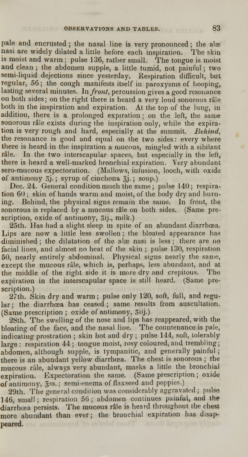 pale and encrusted ; the nasal line is very pronounced; the alae nasi are widely dilated a little before each inspiration. The skin is moist and warm ; pulse 136, rather small. The tongue is moist and clean ; the abdomen supple, a little tumid, not painful; two semi-liquid dejections since yesterday. Respiration difficult, but regular, 56; the cough manifests itself in paroxysms of hooping, lasting several minutes. In front, percussion gives a good resonance on both sides; on the right there is heard a very loud sonorous rale both in the inspiration and expiration. At the top of the lung, in addition, there is a prolonged expiration ; on the left, the same sonorous rale exists during the inspiration only, while the expira- tion is very rough and hard, especially at the summit. Behind, the resonance is good and equal on the two sides: every where there is heard in the inspiration a mucous, mingled with a sibilant rale. In the two interscapular spaces, but especially in the left, there is heard a well-marked bronchial expiration. Very abundant sero-mucous expectoration. (Mallows, infusion, looch, with oxide of antimony 3j.; syrup of cinchona §j.; soup.) Dec. 24. General condition much the same ; pulse 140; respira- tion 60 ; skin of hands warm and moist, of the body dry and burn- ing. Behind, the physical signs remain the same. In front, the sonorous is replaced by a mucous rale on both sides. (Same pre- scription, oxide of antimony, 3ij., milk.) 25th. Has had a slight sleep in spite of an abundant diarrhoea. Lips are now a little less swollen ; the bloated appearance has diminished ; the dilatation of the alae nasi is less ; there are no facial lines, and almost no heat of the skin ; pulse 130, respiration 50, nearly entirely abdominal. Physical signs nearly the same, except the mucous rale, which is, perhaps, less abundant, and at the middle of the right side it is more dry and crepitous. The expiration in the interscapular space is still heard. (Same pre- scription.) 27th. Skin dry and warm; pulse only 120, soft, full, and regu- lar; the diarrhoea has ceased; same results from auscultation. (Same prescription ; oxide of antimony, 3iij>) 28th. The swelling of the nose and lips has reappeared, with the bloating of the face, and the nasal line. The countenance is pale, indicating prostration ; skin hot and dry; pulse 144, soft, tolerably large: respiration 44 ; tongue moist, rosy coloured, and trembling; abdomen, although supple, is tympanitic, and generally painful ; there is an abundant yellow diarrhoea. The chest is sonorous ; the mucous rale, always very abundant, masks a little the bronchial expiration. Expectoration the same. (Same prescription ; oxide of antimony, §ss.; semi-enema of flaxseed and poppies.) 29th. The general condition was considerably aggravated ; pulse 146, small; respiration 56; abdomen continues painful, and the diarrhoea persists. The mucous rale is heard throughout the chest more abundant than ever; the bronchial expiration has disap- peared.