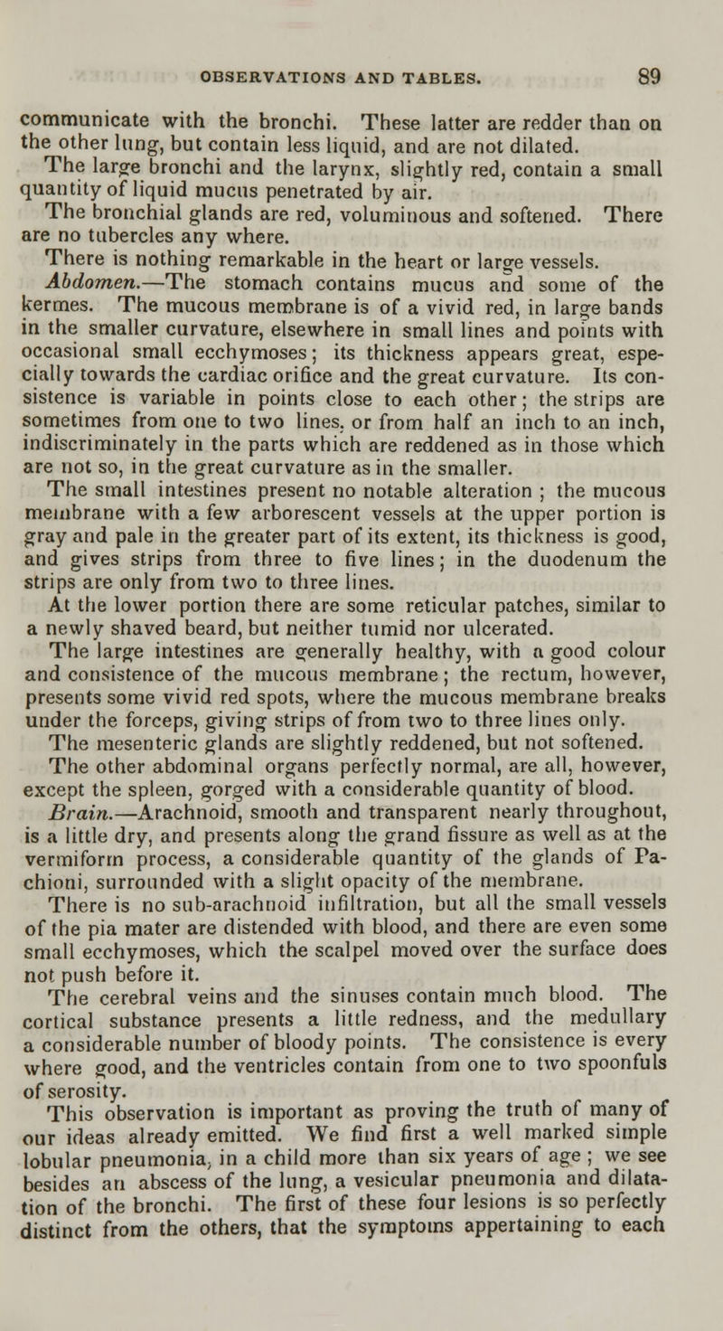 communicate with the bronchi. These latter are redder than on the other lung, but contain less liquid, and are not dilated. The large bronchi and the larynx, slightly red, contain a small quantity of liquid mucus penetrated by air. The bronchial glands are red, voluminous and softened. There are no tubercles any where. There is nothing remarkable in the heart or large vessels. Abdomen.—The stomach contains mucus and some of the kermes. The mucous membrane is of a vivid red, in large bands in the smaller curvature, elsewhere in small lines and pofnts with occasional small ecchymoses; its thickness appears great, espe- cially towards the cardiac orifice and the great curvature. Its con- sistence is variable in points close to each other; the strips are sometimes from one to two lines, or from half an inch to an inch, indiscriminately in the parts which are reddened as in those which are not so, in the great curvature as in the smaller. The small intestines present no notable alteration ; the mucous membrane with a few arborescent vessels at the upper portion is gray and pale in the greater part of its extent, its thickness is good, and gives strips from three to five lines; in the duodenum the strips are only from two to three lines. At the lower portion there are some reticular patches, similar to a newly shaved beard, but neither tumid nor ulcerated. The large intestines are generally healthy, with a good colour and consistence of the mucous membrane; the rectum, however, presents some vivid red spots, where the mucous membrane breaks under the forceps, giving strips of from two to three lines only. The mesenteric glands are slightly reddened, but not softened. The other abdominal organs perfectly normal, are all, however, except the spleen, gorged with a considerable quantity of blood. Brain.—Arachnoid, smooth and transparent nearly throughout, is a little dry, and presents along the grand fissure as well as at the vermiform process, a considerable quantity of the glands of Pa- chioni, surrounded with a slight opacity of the membrane. There is no sub-arachnoid infiltration, but all the small vessels of the pia mater are distended with blood, and there are even some small ecchymoses, which the scalpel moved over the surface does not push before it. The cerebral veins and the sinuses contain much blood. The cortical substance presents a little redness, and the medullary a considerable number of bloody points. The consistence is every where good, and the ventricles contain from one to two spoonfuls of serosity. This observation is important as proving the truth of many of our ideas already emitted. We find first a well marked simple lobular pneumonia, in a child more than six years of age ; we see besides an abscess of the lung, a vesicular pneumonia and dilata- tion of the bronchi. The first of these four lesions is so perfectly distinct from the others, that the symptoms appertaining to each