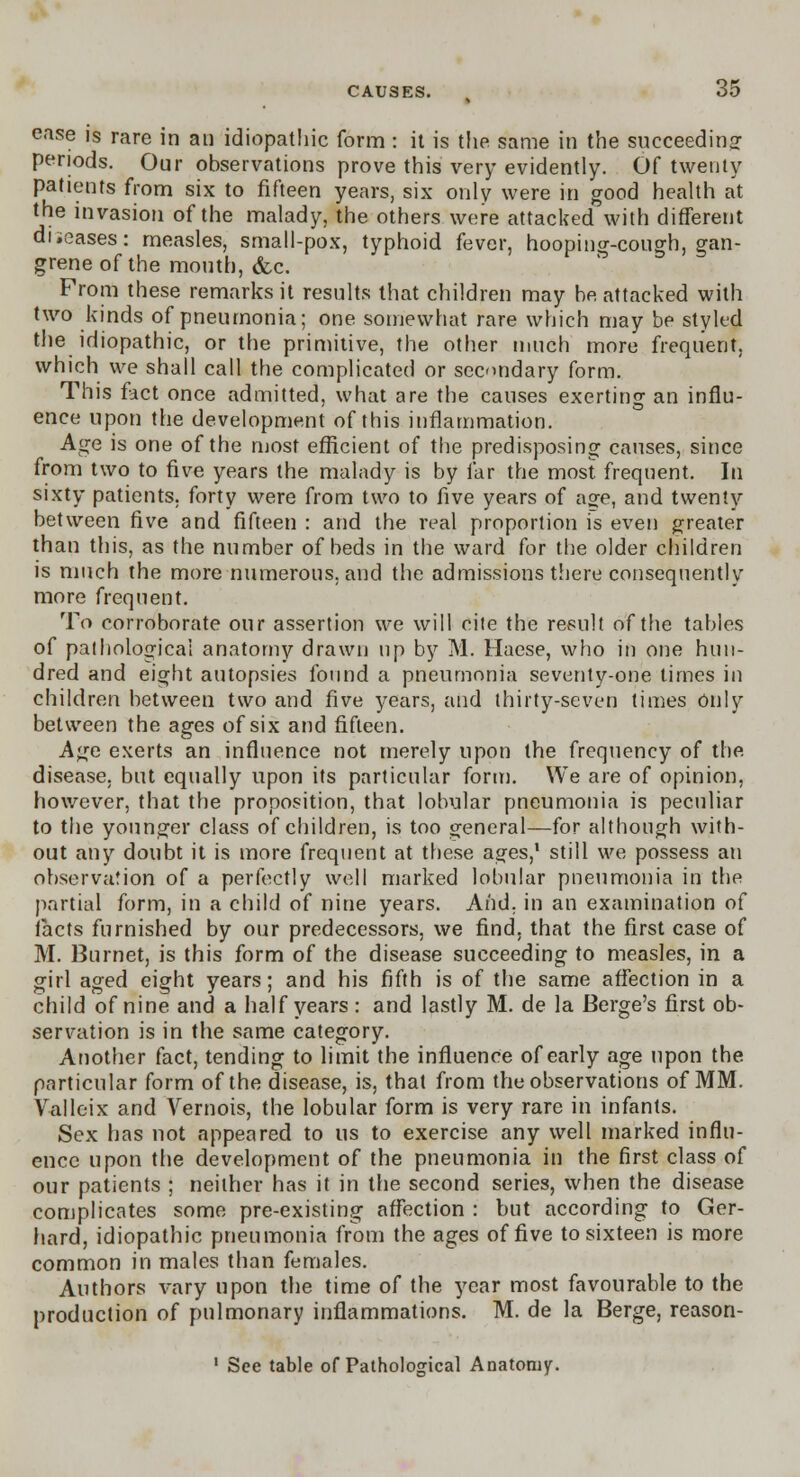 ease is rare in an idiopathic form : it is the same in the succeeding periods. Our observations prove this very evidently. Of twenty patients from six to fifteen years, six only were in good health at the invasion of the malady, the others were attacked with different diicases: measles, small-pox, typhoid fever, hooping-cough, gan- grene of the mouth, &c. From these remarks it results that children may be attacked with two kinds of pneumonia; one somewhat rare which may be styled the idiopathic, or the primitive, the other much more frequent, which we shall call the complicated or secondary form. This fact once admitted, what are the causes exerting an influ- ence upon the development of this inflammation. Age is one of the most efficient of the predisposing causes, since from two to five years the malady is by far the most frequent. In sixty patients, forty were from two to five years of age, and twenty between five and fifteen : and the real proportion is even greater than this, as the number of beds in the ward for the older children is much the more numerous, and the admissions there consequently more frequent. To corroborate our assertion we will cite the result of the tables of pathological anatomy drawn up by M. Haese, who in one hun- dred and eight autopsies found a pneumonia seventy-one times in children between two and five years, and thirty-seven times Only between the ages of six and fifteen. Age exerts an influence not merely upon the frequency of the disease, but equally upon its particular form. We are of opinion, however, that the proposition, that lobular pneumonia is peculiar to the younger class of children, is too general—for although with- out any doubt it is more frequent at these ages,' still we possess an observation of a perfectly well marked lobular pneumonia in the partial form, in a child of nine years. And. in an examination of facts furnished by our predecessors, we find, that the first case of M. Burnet, is this form of the disease succeeding to measles, in a girl aged eight years; and his fifth is of the same affection in a child of nine and a half years : and lastly M. de la Berge's first ob- servation is in the same category. Another fact, tending to limit the influence of early age upon the particular form of the disease, is, that from the observations of MM. Valleix and Vernois, the lobular form is very rare in infants. Sex has not appeared to us to exercise any well marked influ- ence upon the development of the pneumonia in the first class of our patients ; neither has it in the second series, when the disease complicates some pre-existing affection : but according to Ger- hard, idiopathic pneumonia from the ages of five to sixteen is more common in males than females. Authors vary upon the time of the year most favourable to the production of pulmonary inflammations. M. de la Berge, reason- 1 See table of Pathological Anatomy.