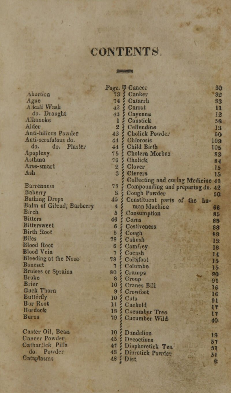 CONTENTS. Abortion Ague A kali Wash do. Draught Alkanoke Alder Anti-bilious Powder Anti-scrofulous do- do, do. Piaster Apoplexy Asthma Arse-smart Ash Barrenness Baberry Bathing Drop: Balm of Gileadj Barberry Birch Bitters Bittersweet Birth Root Biles Blood Root Blood Vein Bleeding at the Nose Boneset Bruises or Sprains Brake Brier Buck Thorn Butterfly Bur Root Burdock Bums Caster Oil, Beaa Cancer Powder Caiharlick Pith do. Powder Cataplasms Page. » Cancti' 73 5 Canker 74 f Catarrh 42 J Carrot -33 | Cayenne 1 ? Caustick 2 | Cellendine 43 l Cholick Powde.' 44 5 Chlorosis 44 < Child Birth 75 j Cholera Morbua 76 5 Cholick 2 5 Clover 3 \ C levers \ Collecting and curing Medicine 41 77 ^ Compounding and preparing do. 42  Cough Powder 50; Constituent parts of the hu- man Machine Consumption Corns 30 82 S3 11 32 58 1* 50 10» 105 83 84 15 15 n Costiveness Cough Cobush Comfrey Cocash Coltsfoot Columbo Cramps Croup Cranes Bill Crowfoot Cuts Cuckold Cucumber Tree '9 { Cucumber Wild 10 | Dandelion 45 I Decoctions 4-7 | Diaphorctick Tea Diurctick Powder 48 j Diet 66 85 88 8S 83 IS 18 14 15 15 90 91 16 16 91 17 17 40 IS 57 51 51 «: