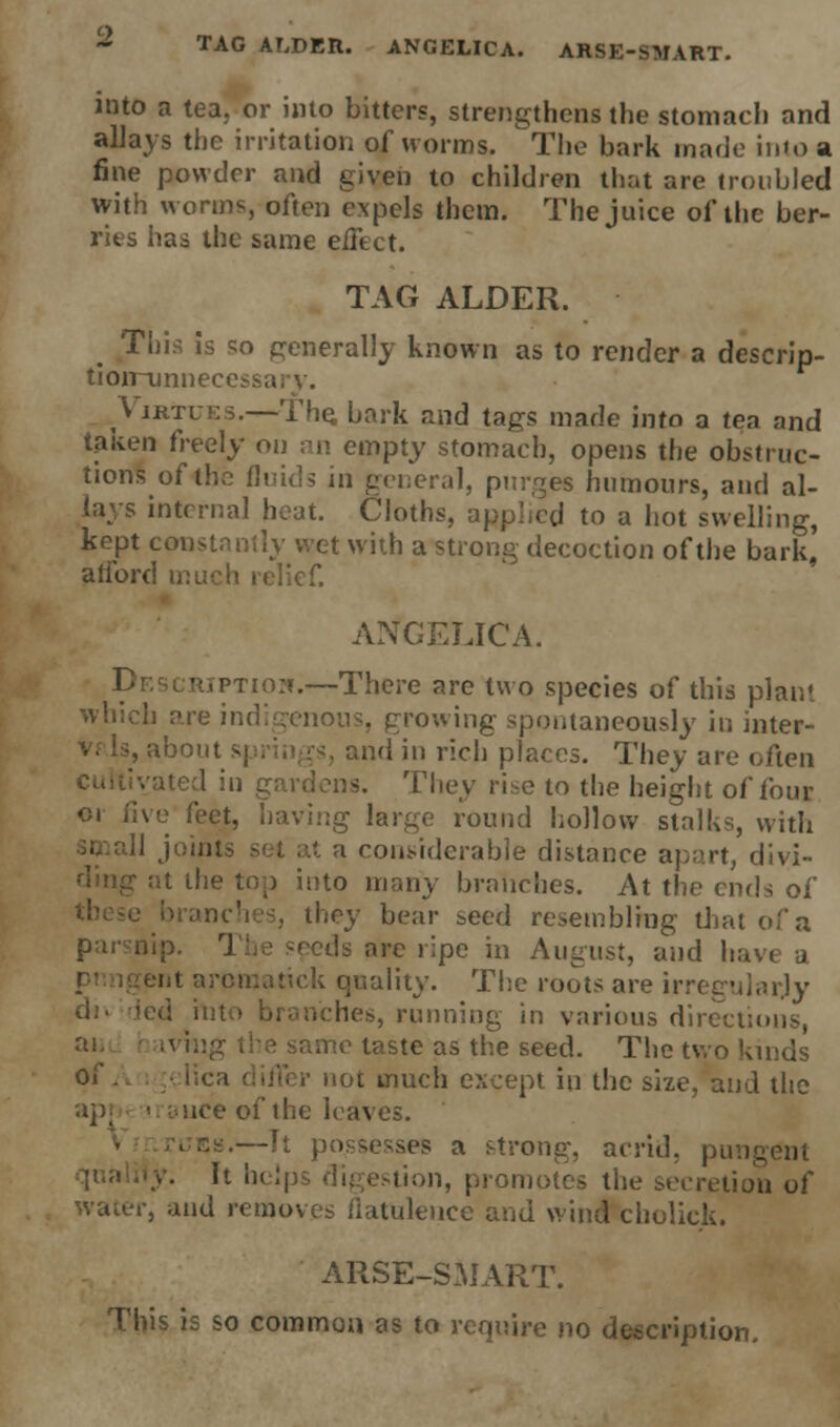 TAG ALDER. ANGELICA. ARSE-SMART. into a tea. or into bitters, strengthens the stomach and allays the irritation of worms. The hark made into a. fine powder and given to children that are troubled with worms, often expels them. The juice of ihe ber- ries has the same effect. TAG ALDER. This is so generally known as to render a descrip- tioirunnecessa Virtues.—The. hark and tags made into a tea and taken freely on an empty stomach, opens the obstruc- tions of the fluids in general, purees humours, and al- lays internal heat. Cloths, applied to a hot swelling, kept constantly wet with a strong decoction of the bark, atford much relief. ANGELICA. Description.—There are two species of this plan* which are indigenous, growing spontaneously in inter- about springs, and in rich places. They are often ■ ated in gardens. They rise to the height of four 01 i\\v feet, having large round hollow stalks, with i considerable distance apart, divi- ding at the top into many branches. At the ends of , they bear seed resembling Una of a ip. The seeds arc ripe in August, and have a 1 atick quality. The roots are irregularly fed into branches, running in various directions, me taste as the seed. The two kinds °^ • not much except in the size, and the ice of the leaves. .—h possesses a strong, acrid, pungent It helps digestion, promotes the seeretion of water, and removes flatulence and wind cholick. ARSE-SMART. This is so common as to require no description.